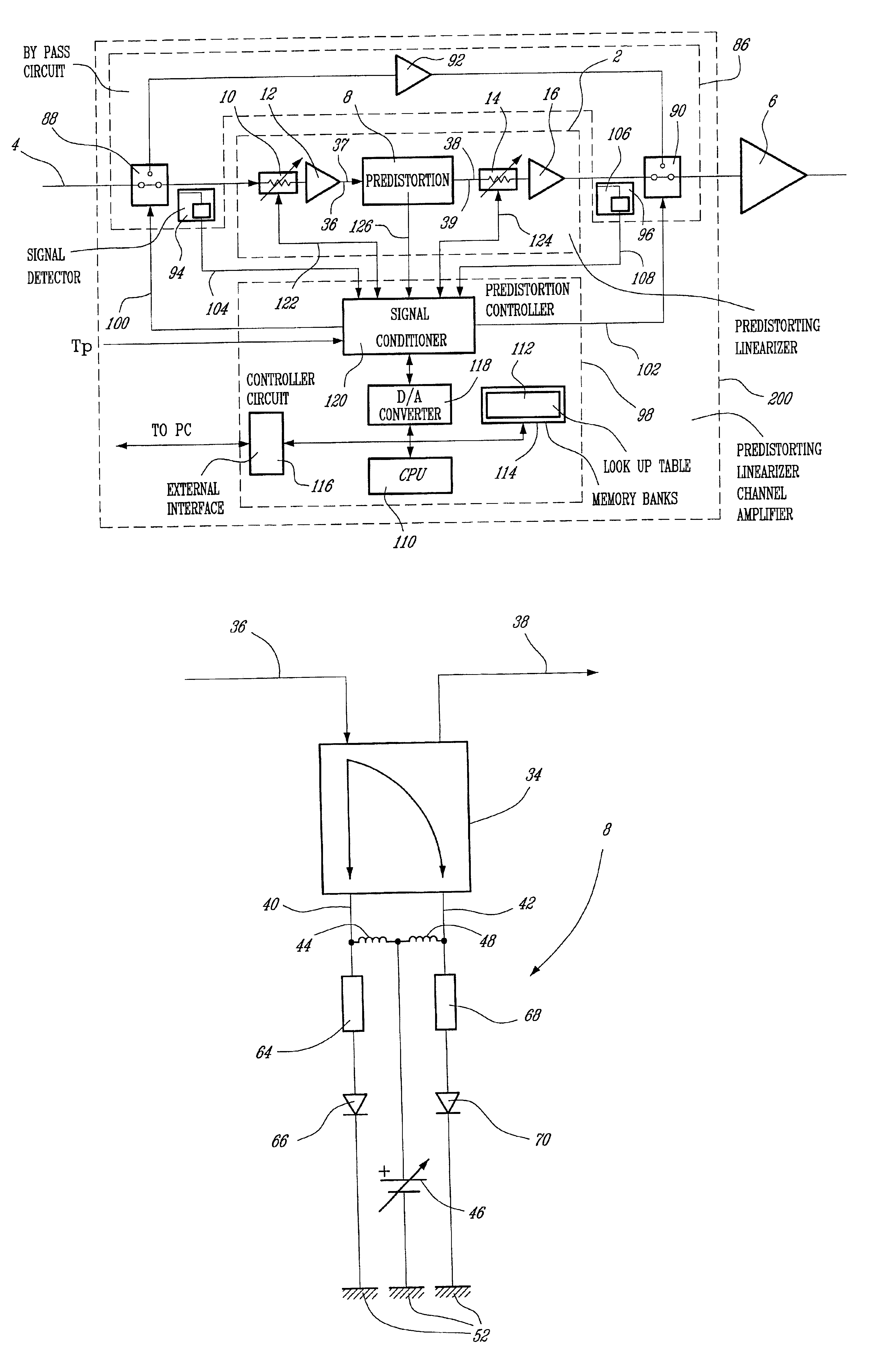 Active predistorting linearizer with agile bypass circuit for safe mode operation