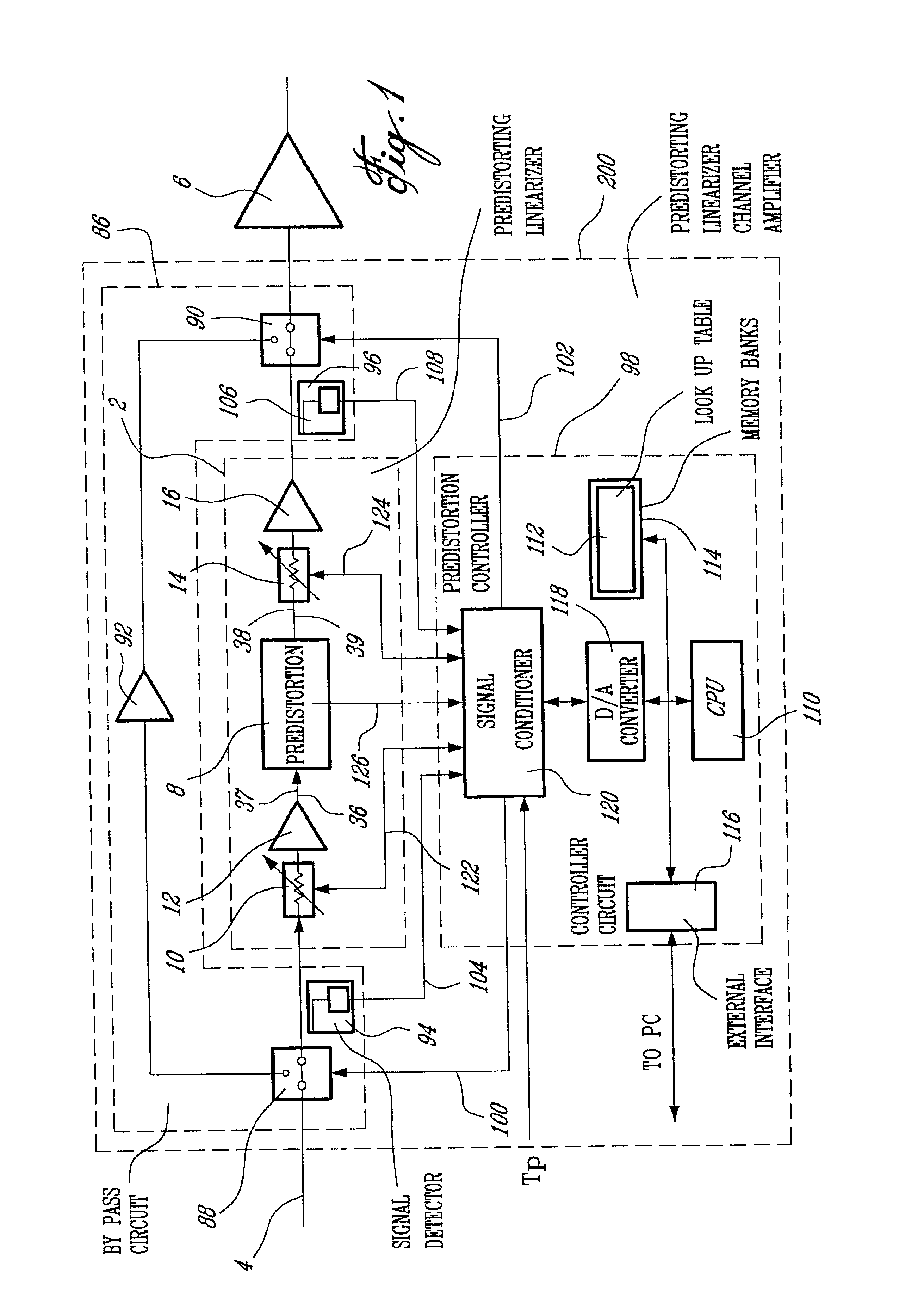 Active predistorting linearizer with agile bypass circuit for safe mode operation