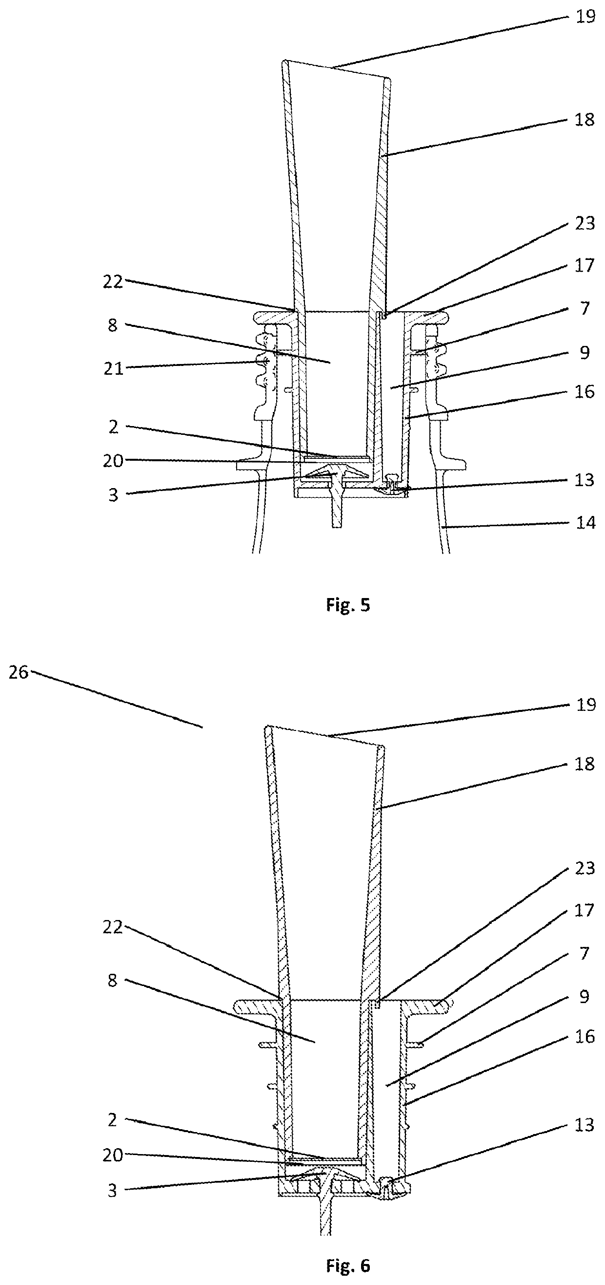 A body intended for mounting to/on an outlet of a container with a fluid and a container delivering a medicine product or a dietary supplement in a solid form and a device comprising this body and this container