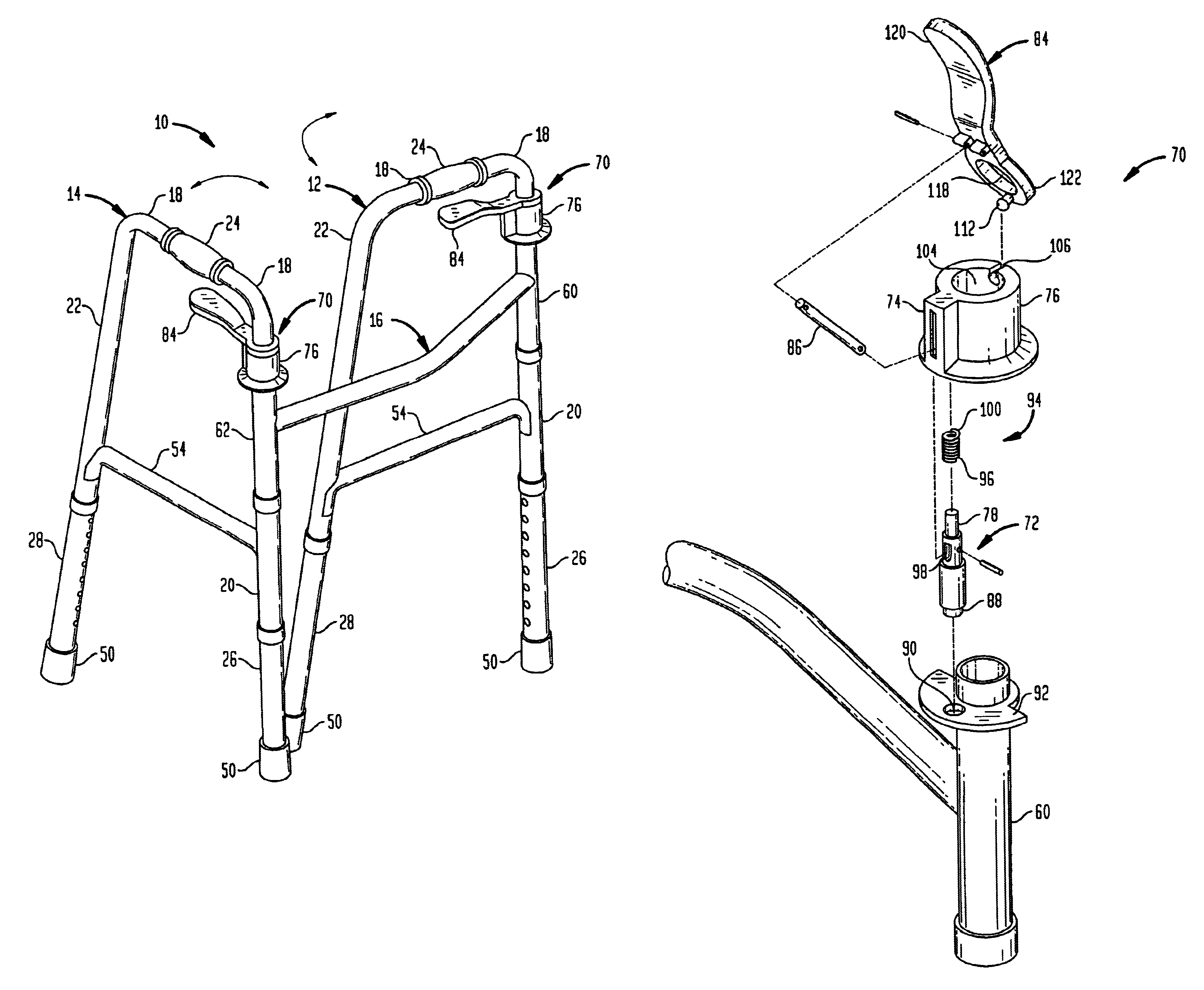 Lock release mechanism for foldable walkers