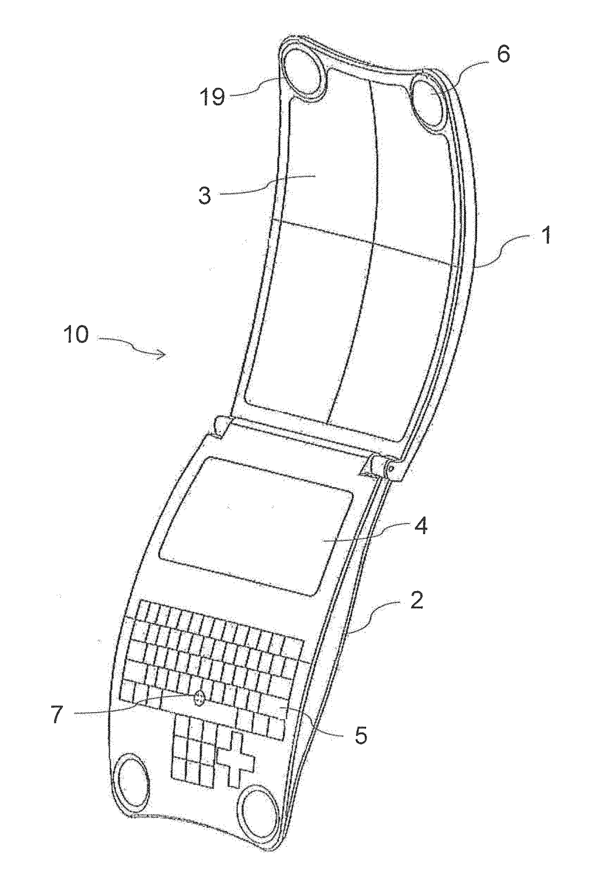 Foldable electronic gaming or mobile communication device for insertion into hip pocket