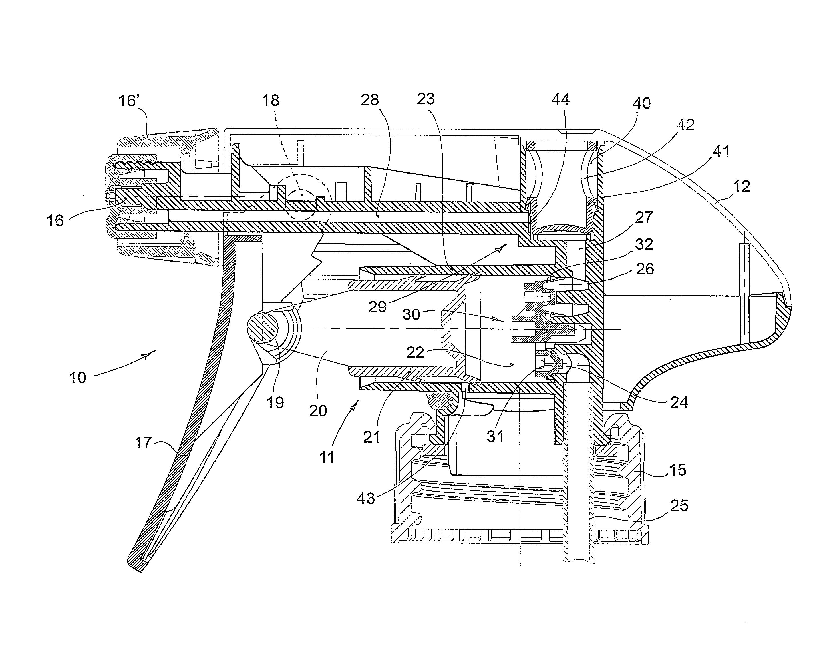 Sprayer for liquids with precompression chamber