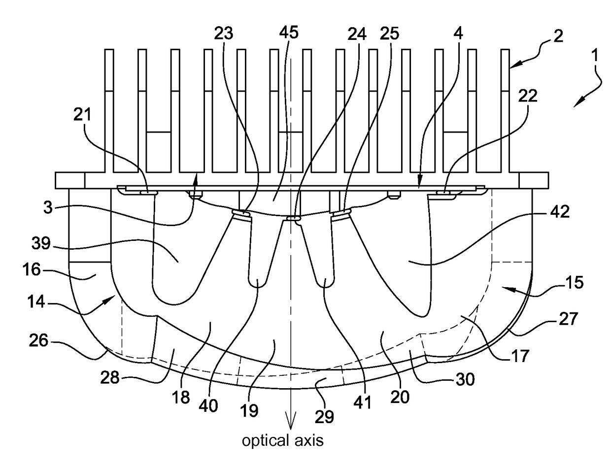 Vehicle lighting device using a multiple-source optical lens