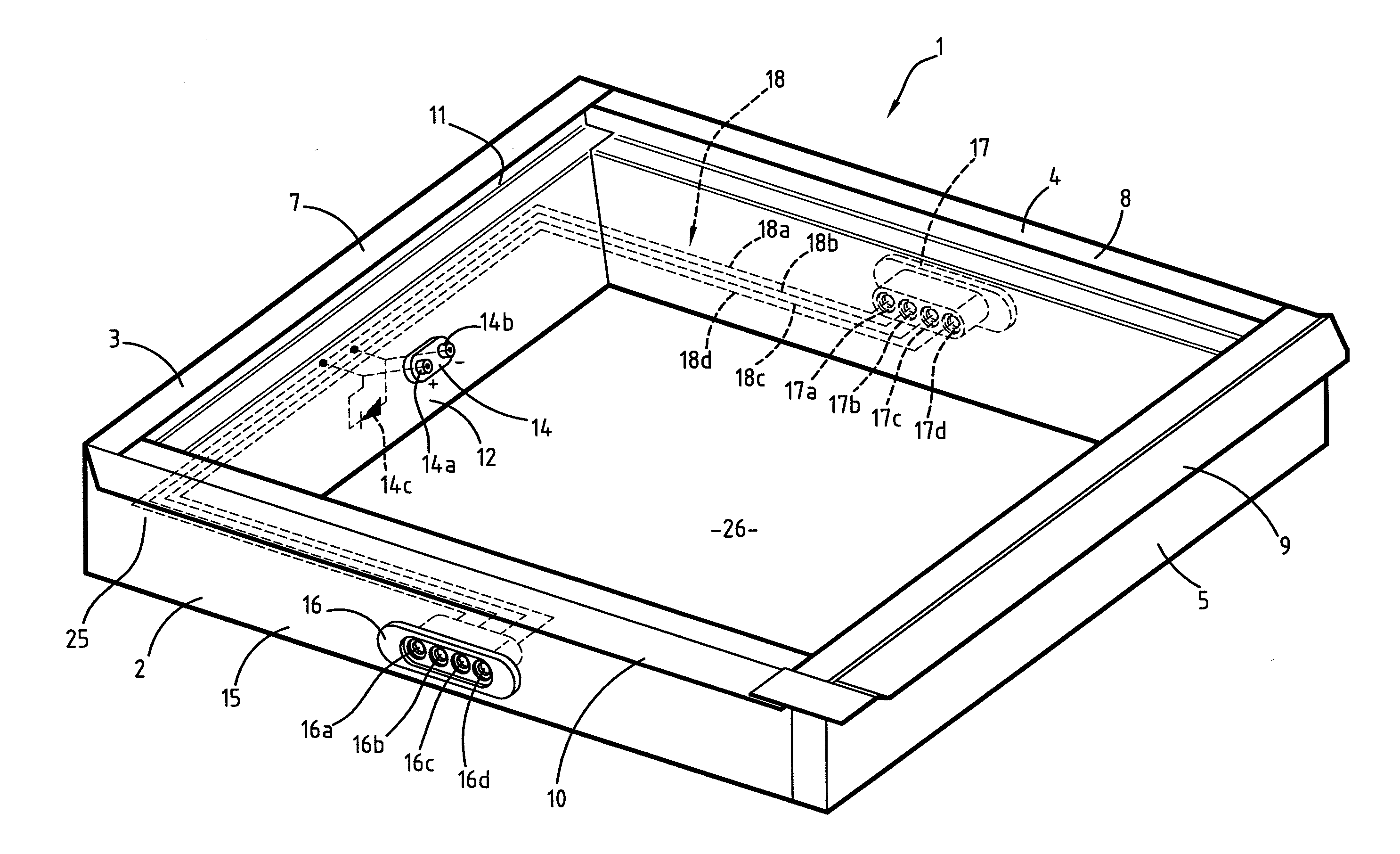 Bearing frame for an electrically active panel such as photovoltaic panel