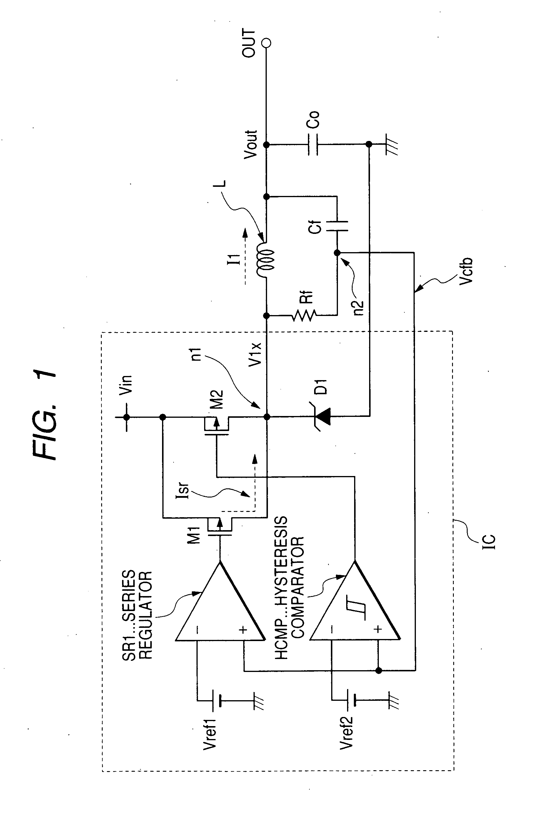 Switching power supply in an integrated circuit having a comparator with two threshold values, a synchronization input and output, voltage feedback and efficient current sensing