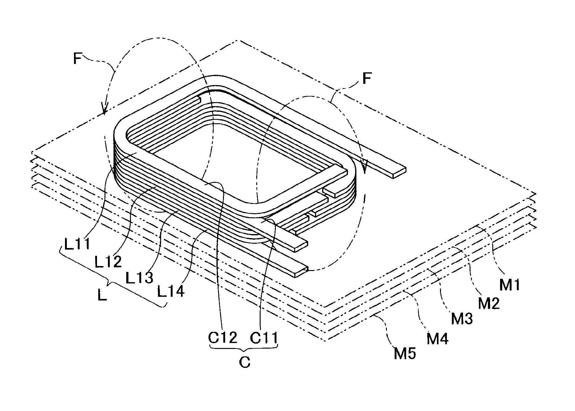 Laminated composite electronic device including coil and capacitor