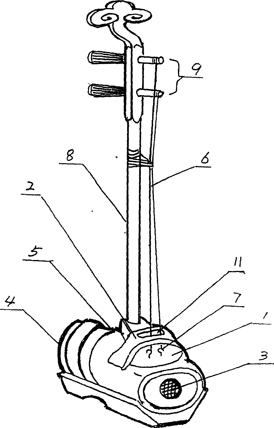 Erhu with suspended string, horizontal sound membrane and through sound box