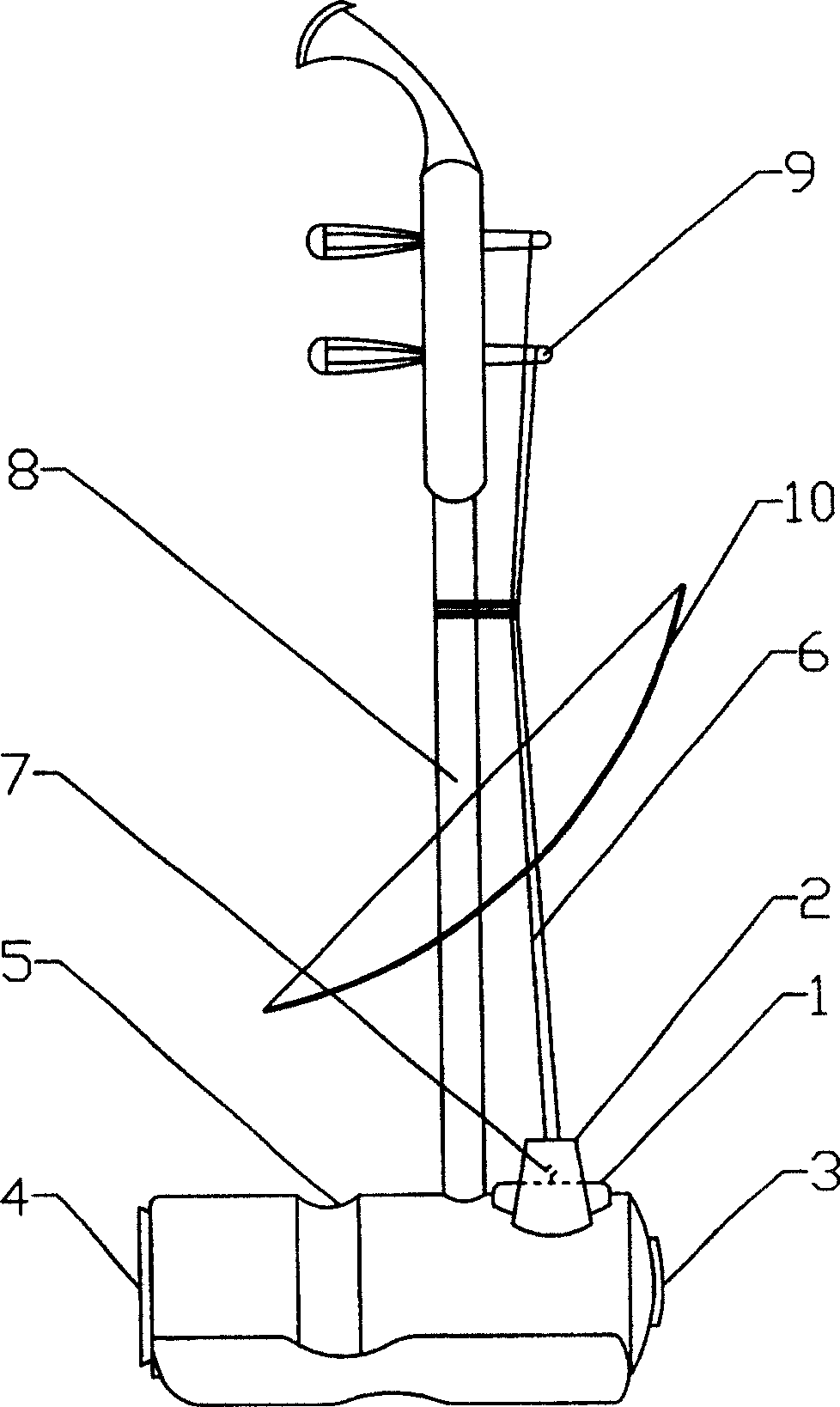 Erhu with suspended string, horizontal sound membrane and through sound box