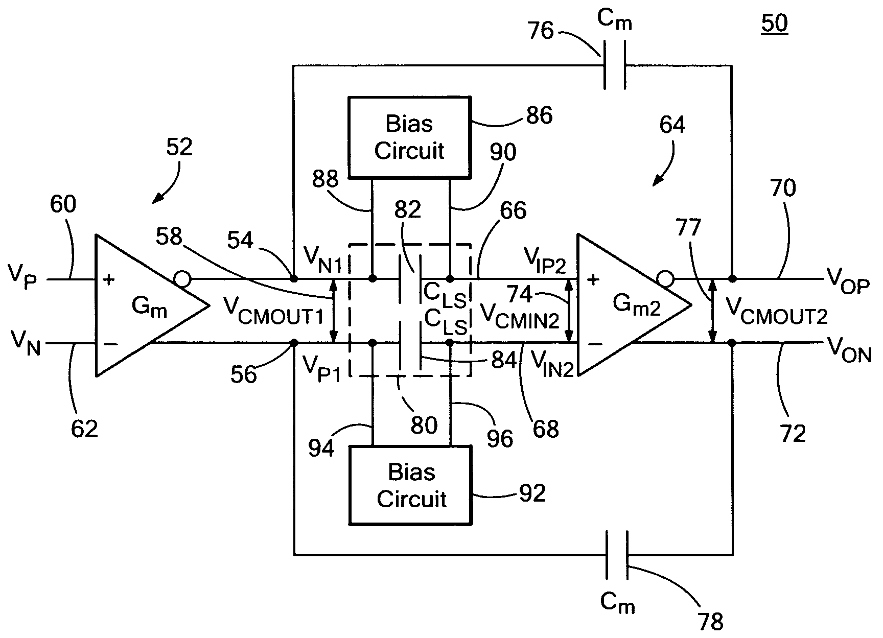 Differential two-stage miller compensated amplifier system with capacitive level shifting