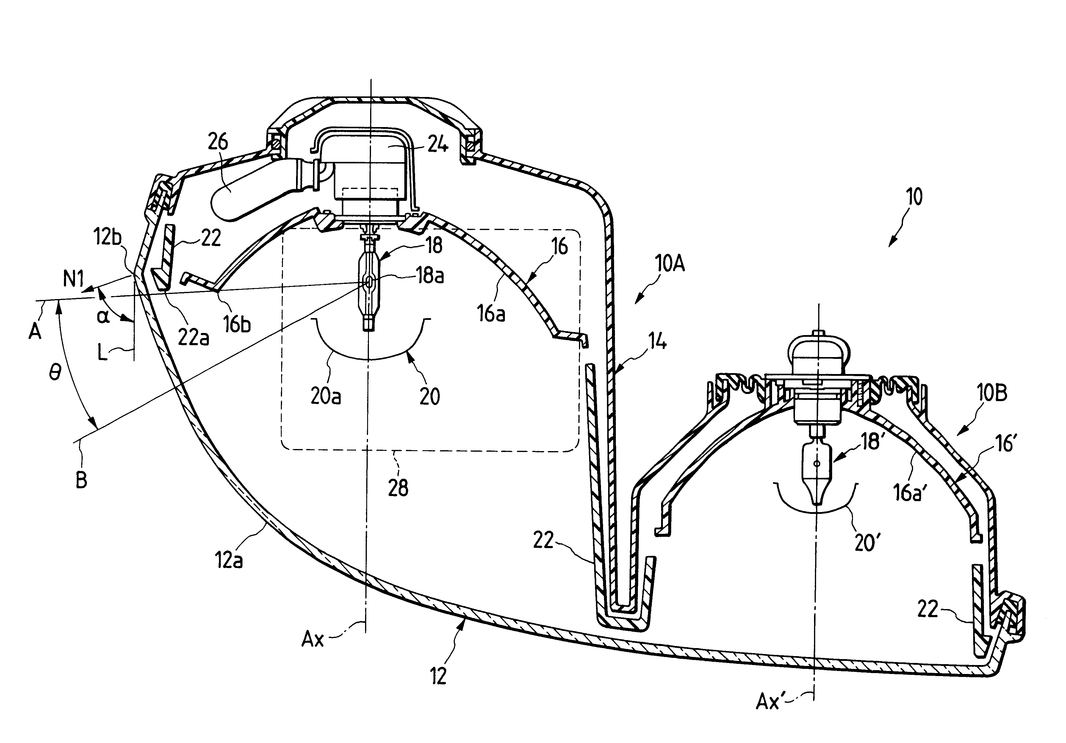 Vehicle headlamp having an outwardly and backwardly curved lens