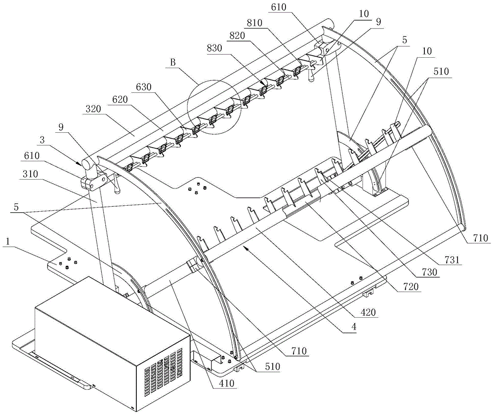 Rotary mounting and clamping device arranged on wood board laser cutting machine and used for arc-shaped board processing