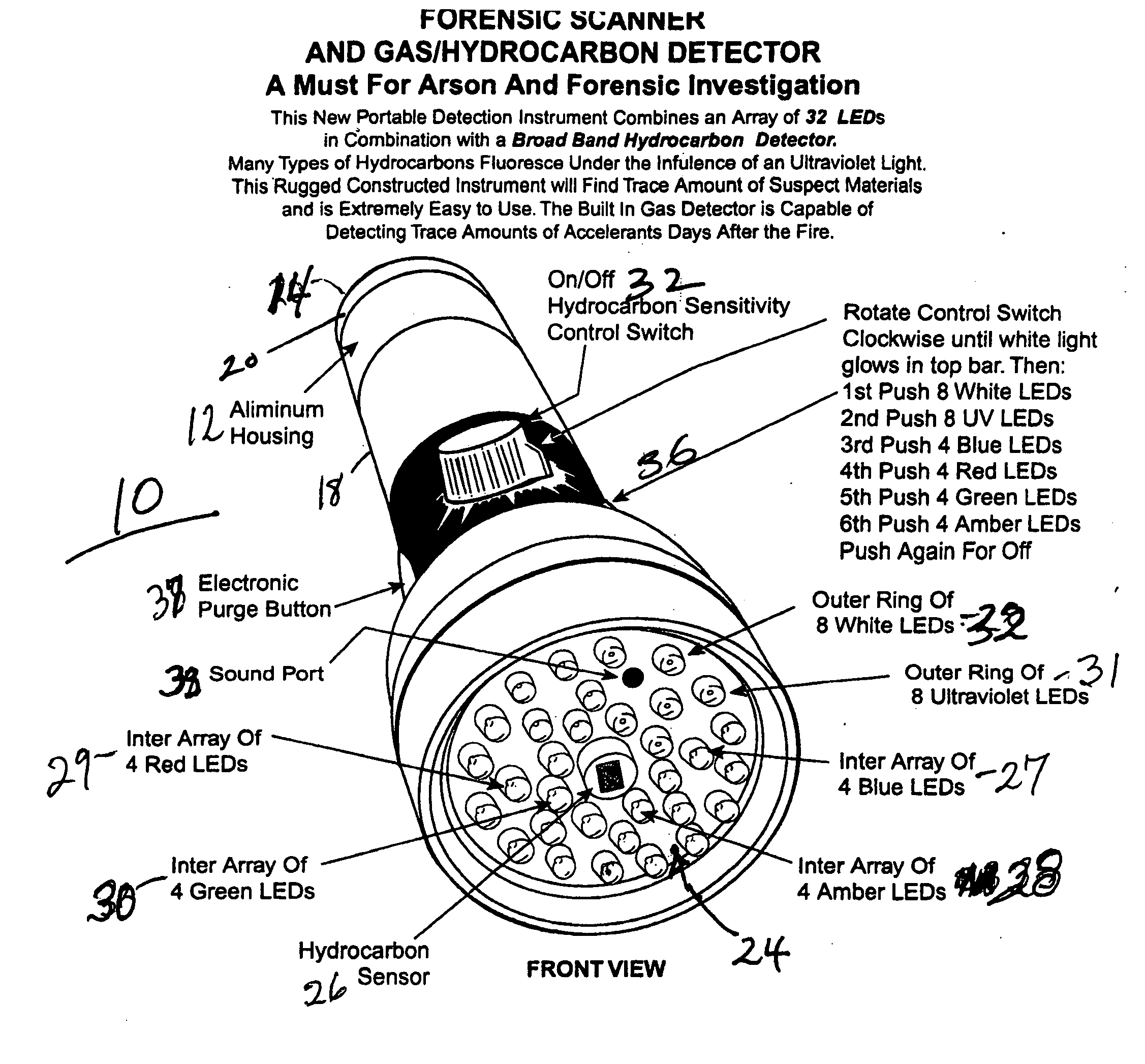 Arson and forensic scanner having a hydrocarbon gas detector with a detachable collector cone and kit assembly