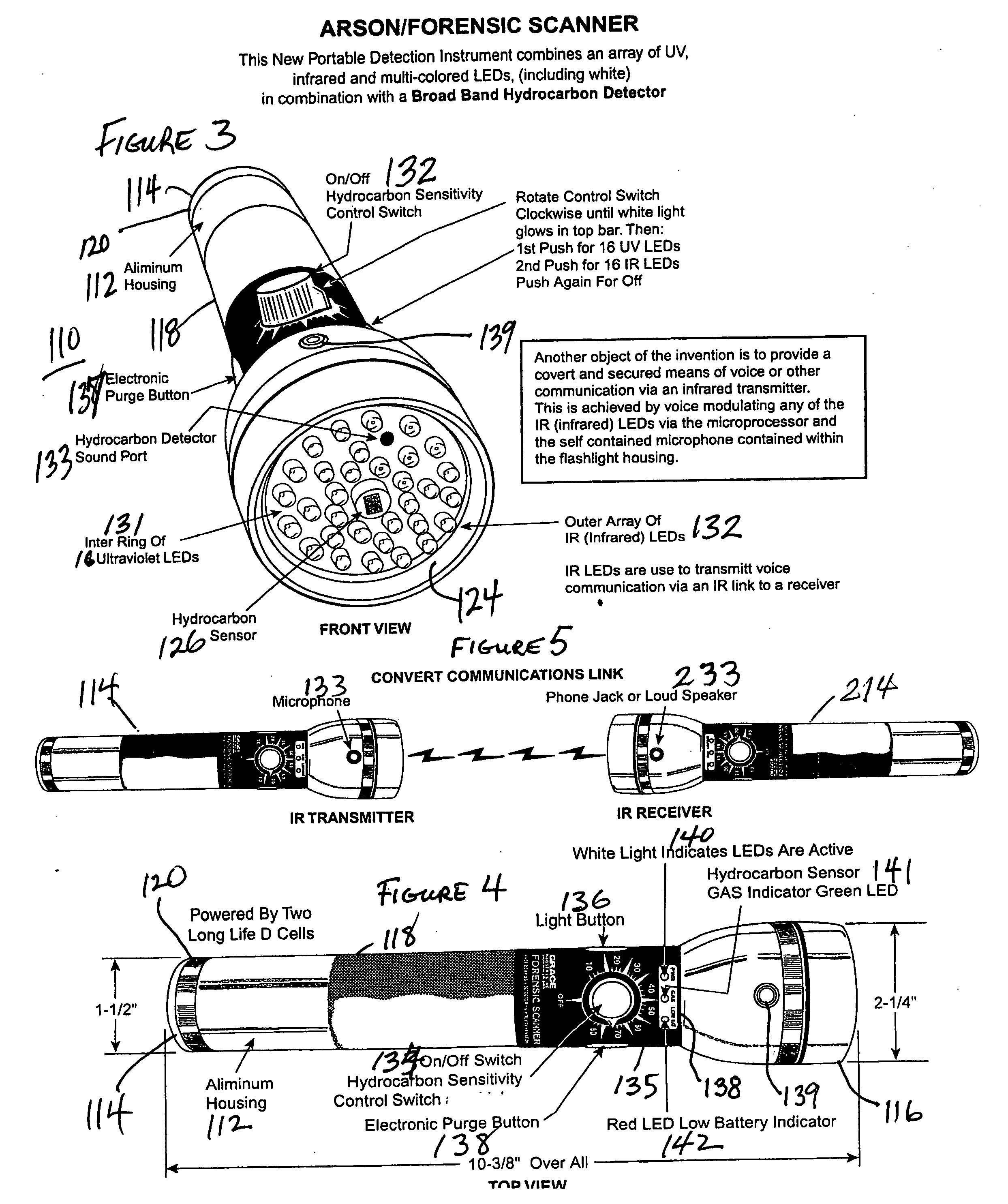 Arson and forensic scanner having a hydrocarbon gas detector with a detachable collector cone and kit assembly