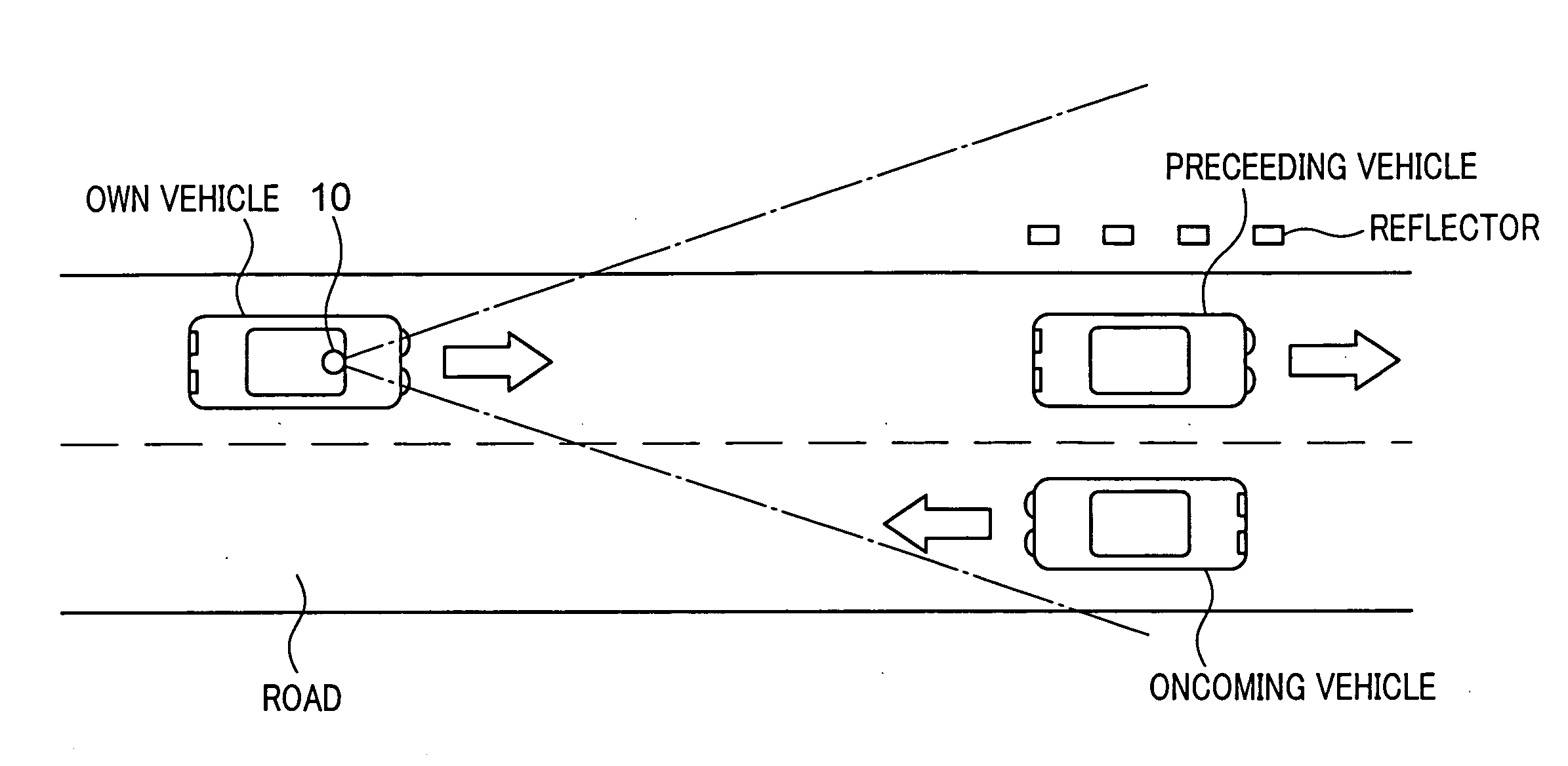 On-board device for detecting vehicles and apparatus for controlling headlights using the device