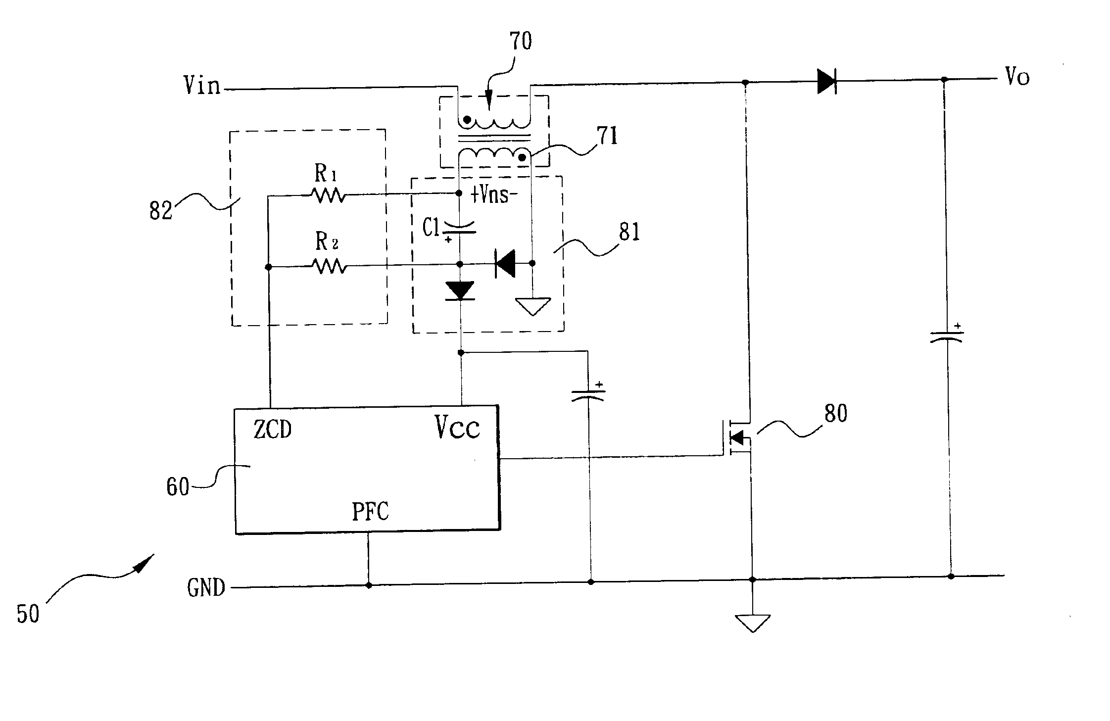 Auxiliary circuit for power factor corrector having self-power supplying and zero current detection mechanisms