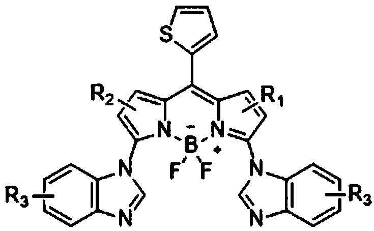 3, 5-dibenzimidazolyl-8-thiophenyl fluoroboron fluorescent derivatives as well as preparation method and application thereof