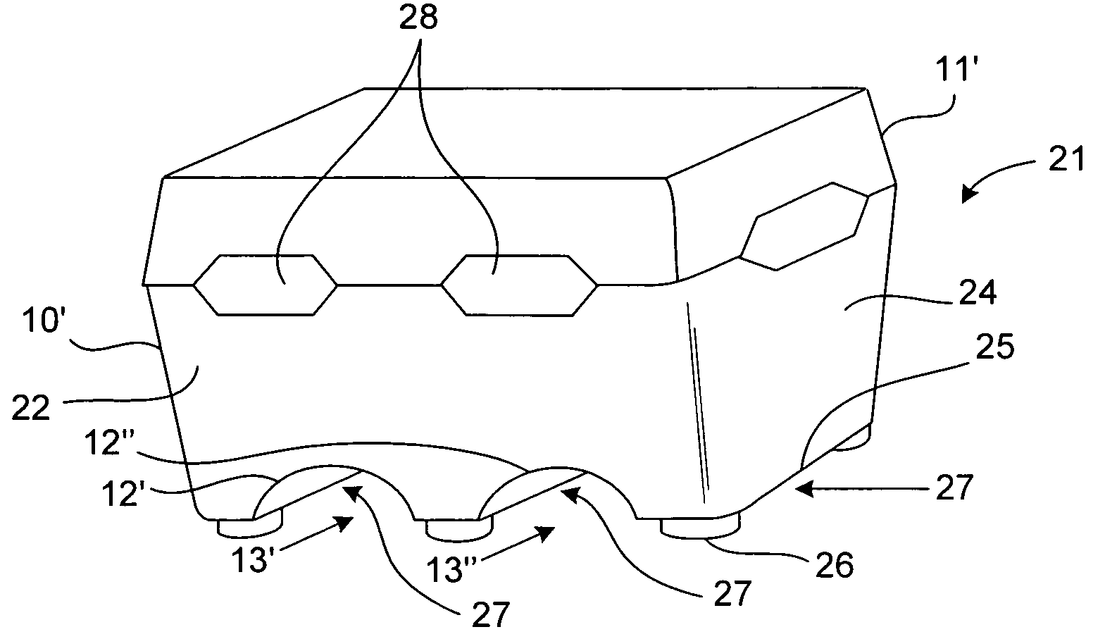 Produce packaging system having produce containers with arched bottom and raised feet to enable under container ventilation