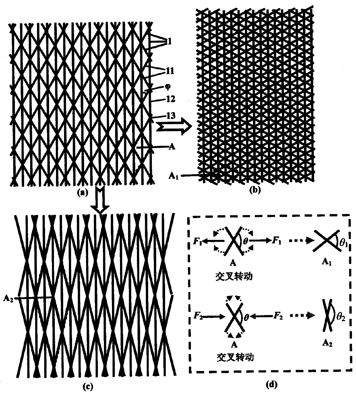 Crossed rotation type radial contraction and expansion tubular fabric as well as preparation method and purpose thereof