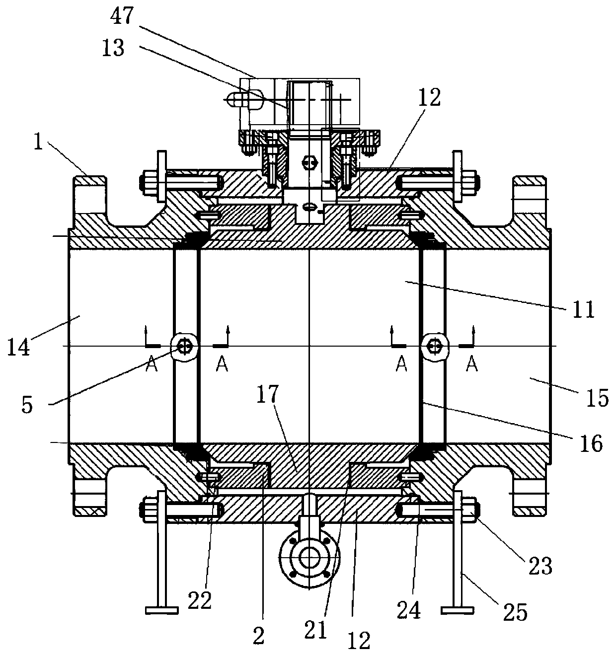 Multi-seal split fixed ball valve of double-piston structure