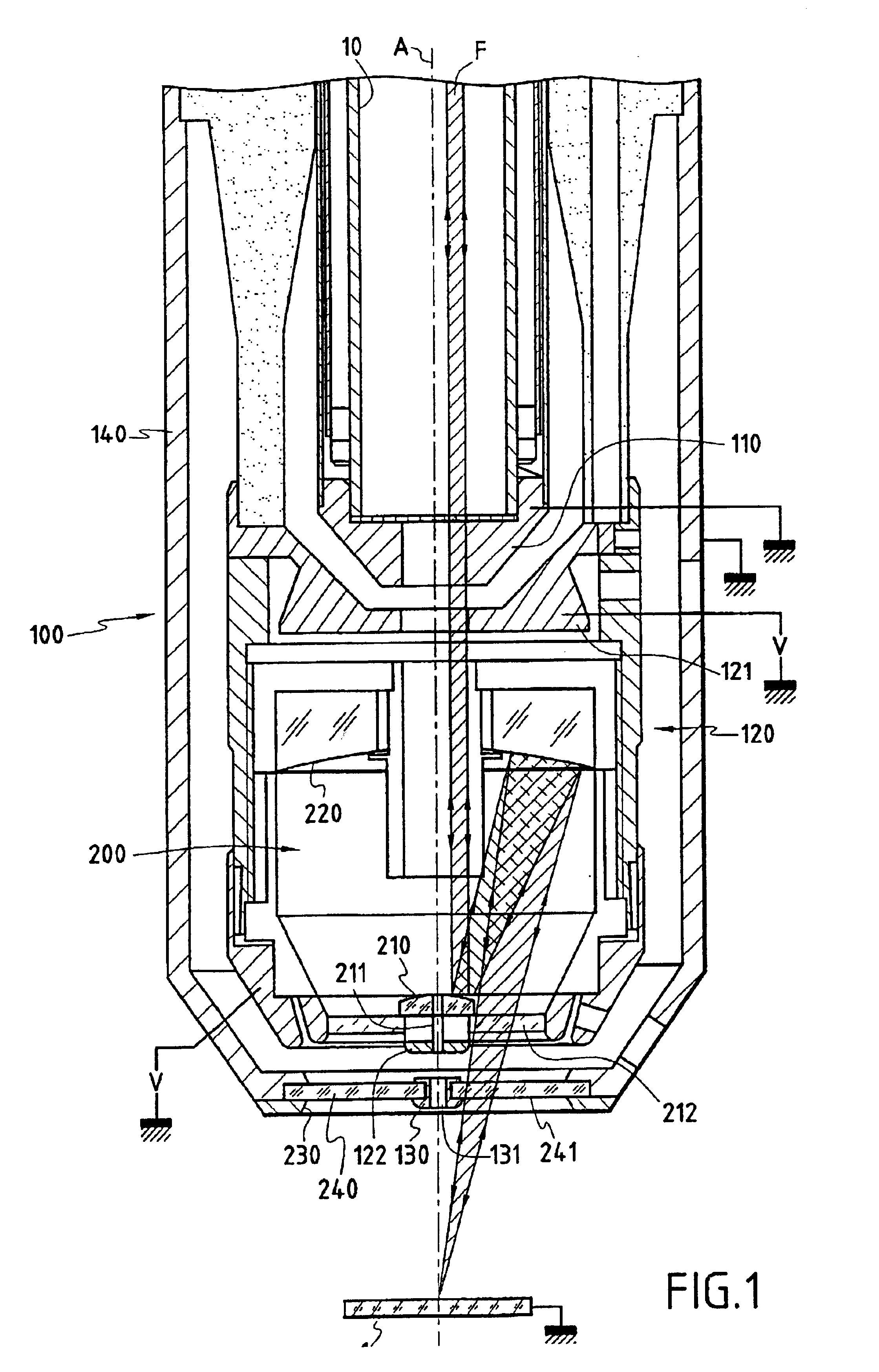 Column simultaneously focusing a partilce beam and an optical beam