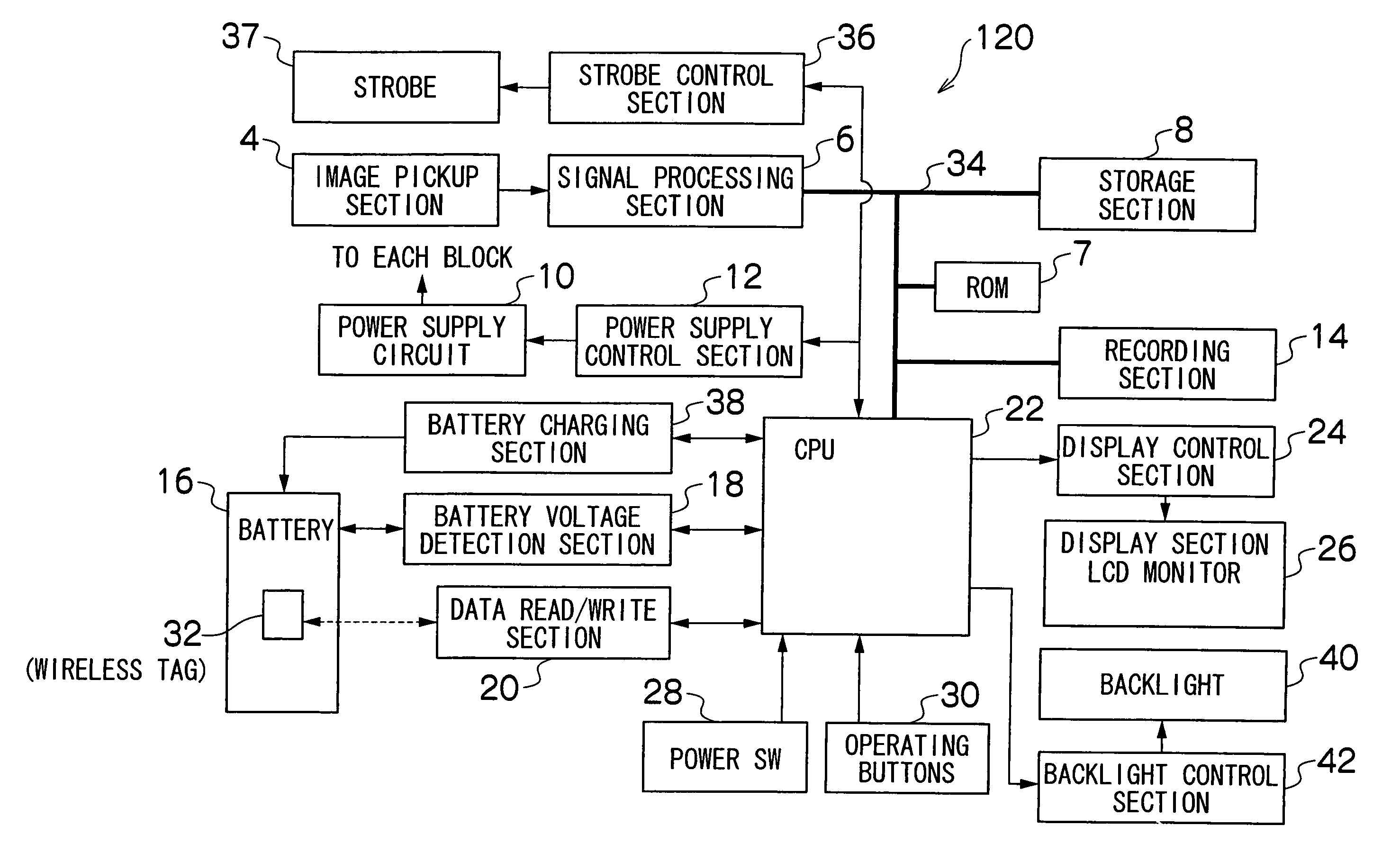 Portable electronic appliance with a battery having a wireless tag containing battery information