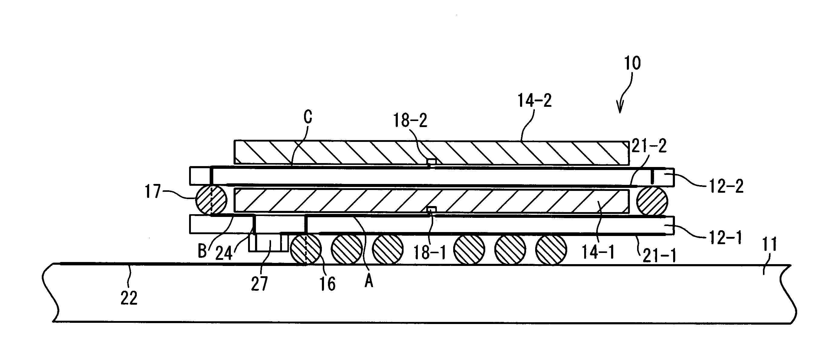 Stacked semiconductor device and semiconductor memory module