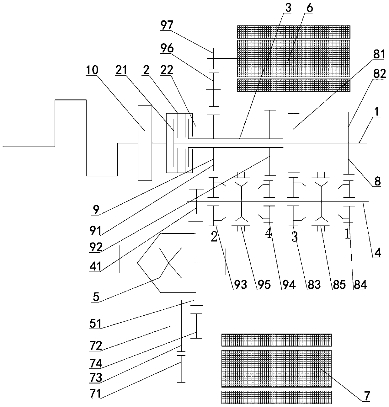 Hybrid four-gear transmission adopting double long-wheelbase motors