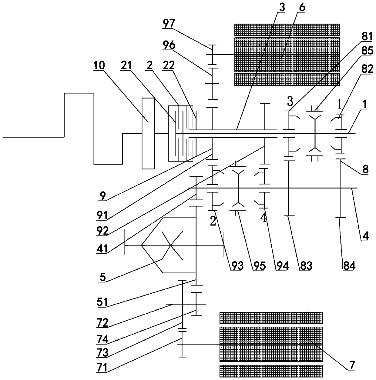 Hybrid four-gear transmission adopting double long-wheelbase motors