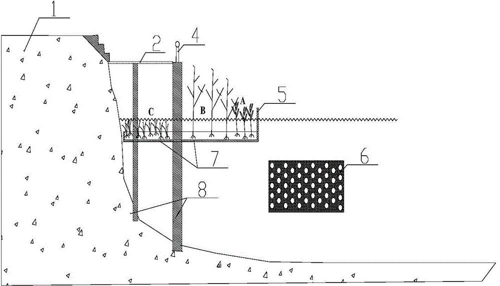 Embankment landscape and water purification system with aquatic plants arranged in inlaid mode