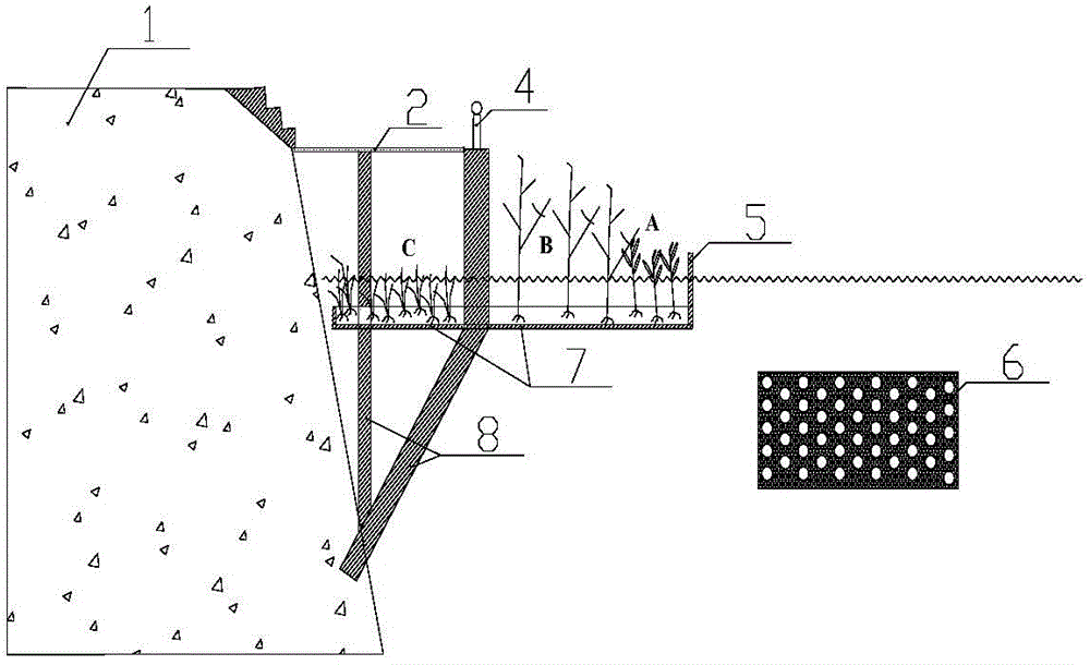 Embankment landscape and water purification system with aquatic plants arranged in inlaid mode