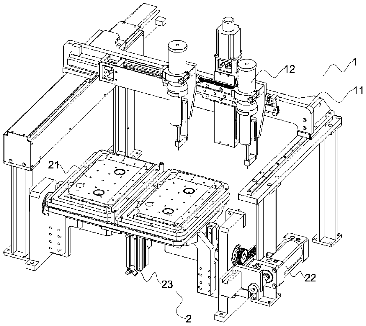 Jig overturning and double valve glue dispensing mechanism