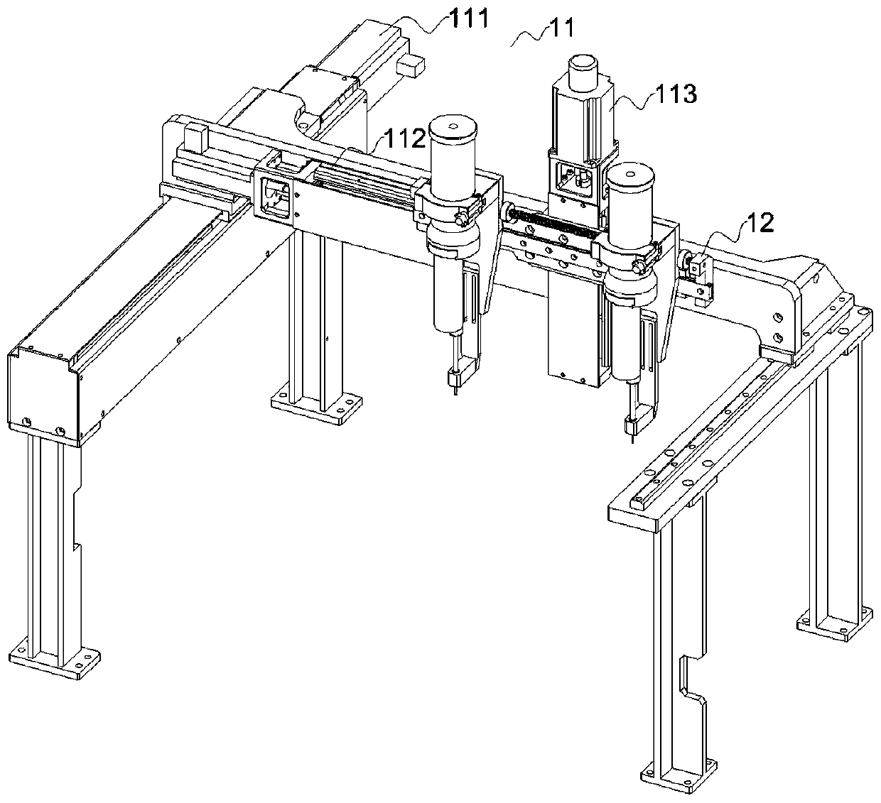 Jig overturning and double valve glue dispensing mechanism