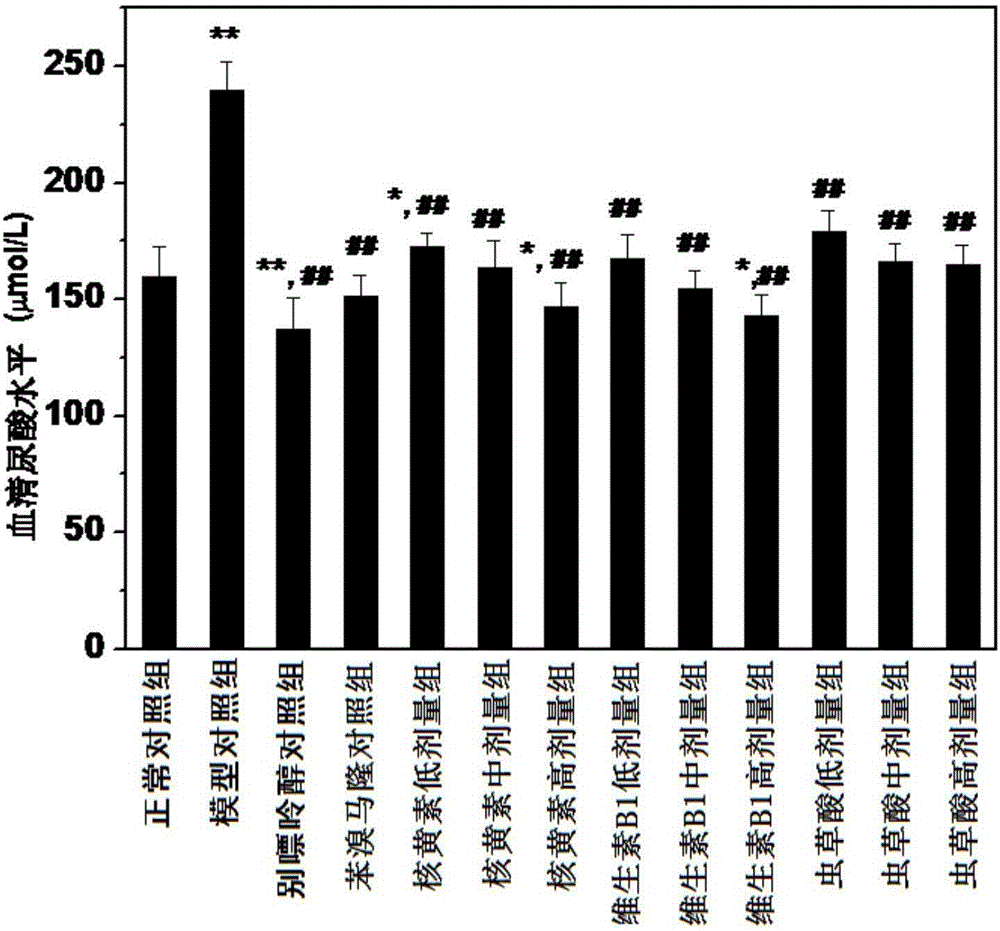 Application of vitamin B1, cordycepic acid and riboflavin and composition thereof in uric acid-lowering drugs