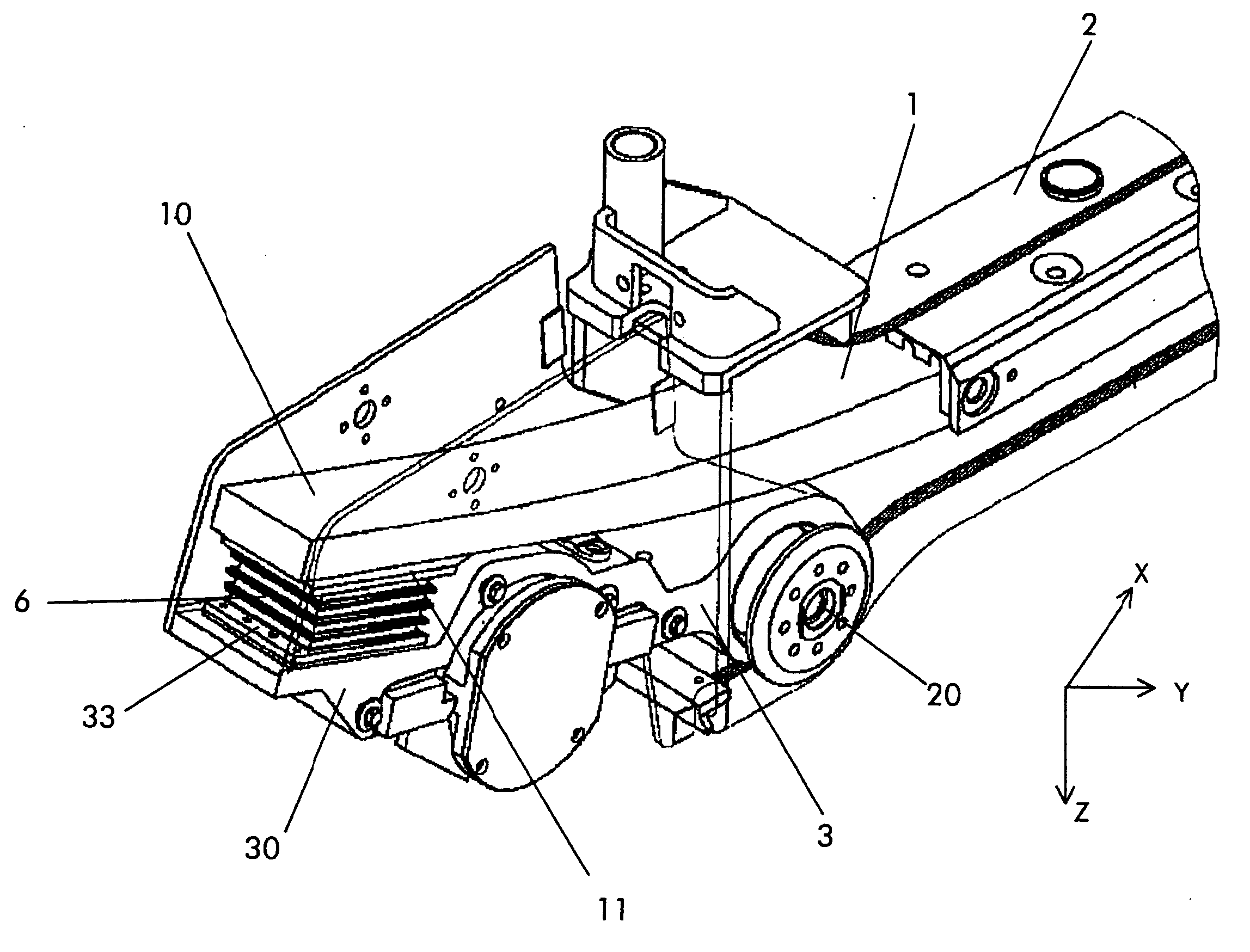 Flexible connection device between a bogey side beam and an axle-box