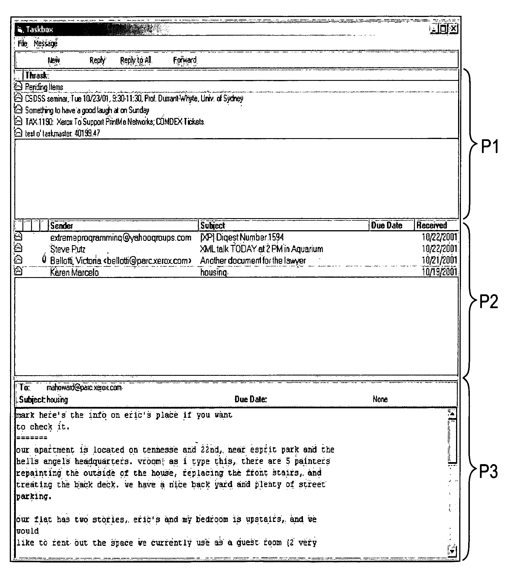 User interface for a message-based system having embedded information management capabilities