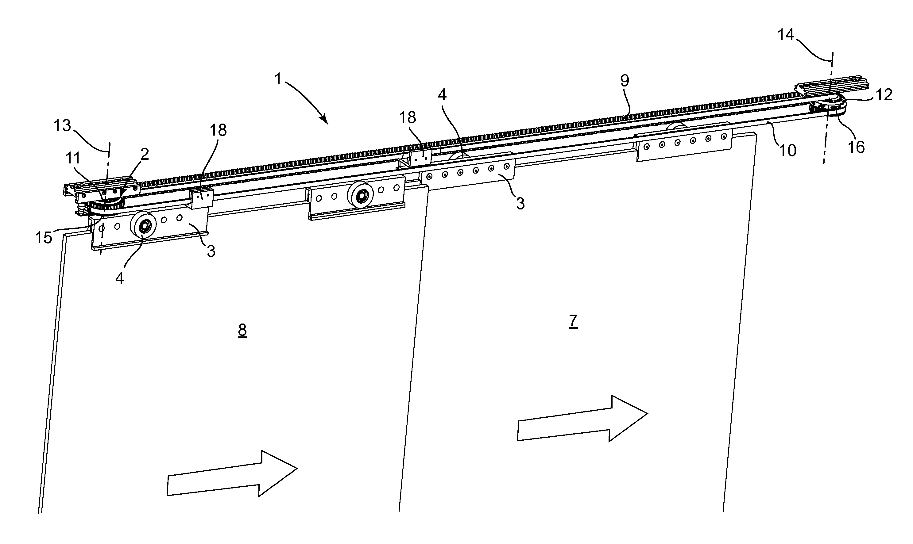 Simultaneous displacement device for sliding doors