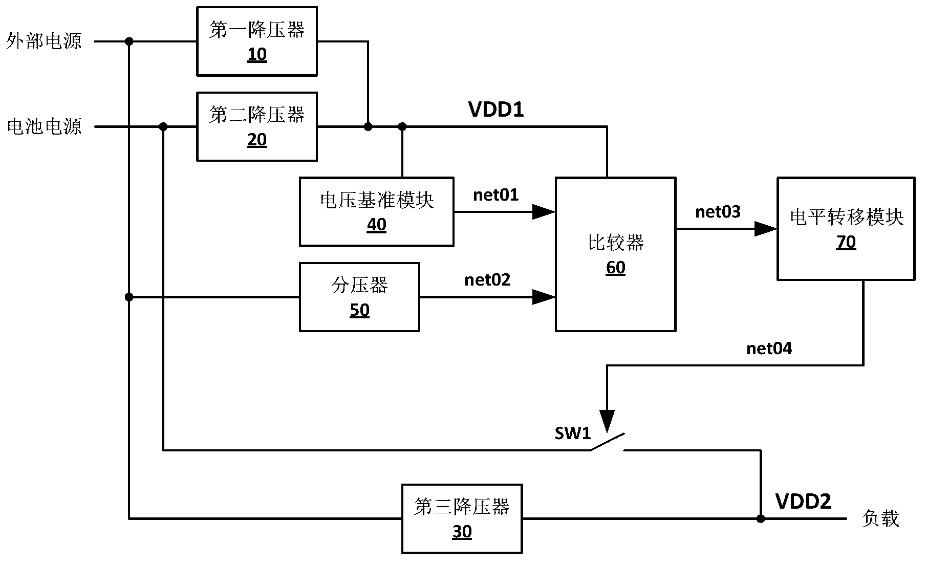 Power supply switching circuit of external power supply and power supply by battery and switching method