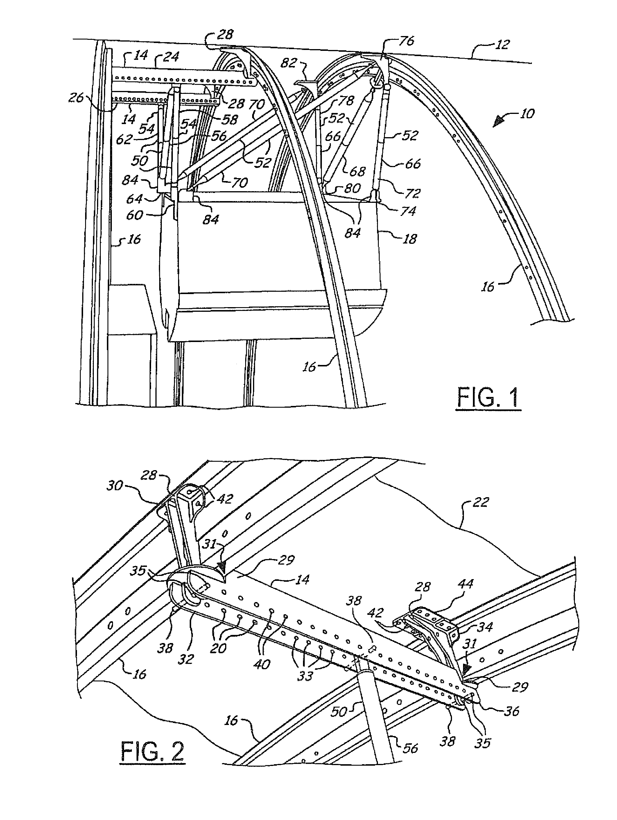 Overhead bin and monument attachment support system