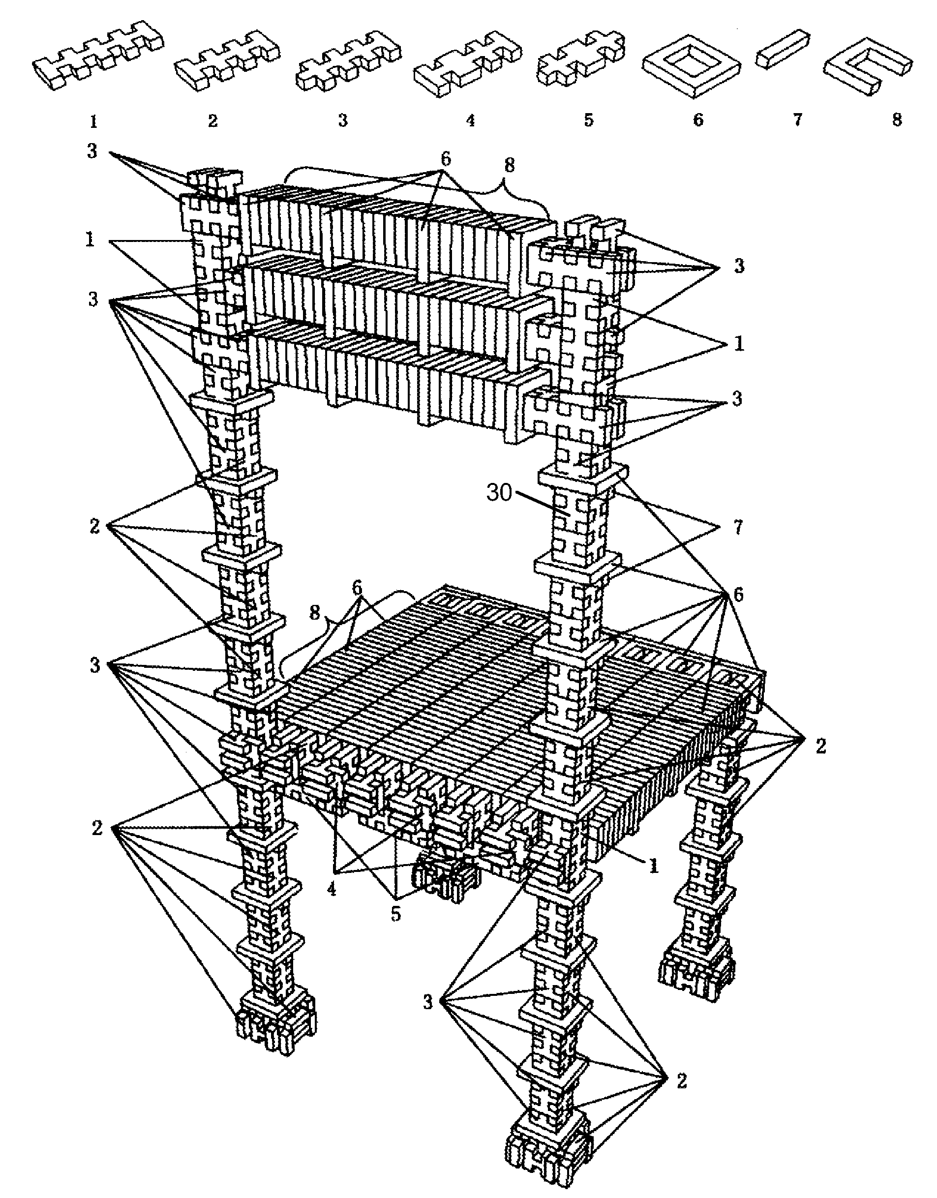 Modular construction system, element and assembly method thereof