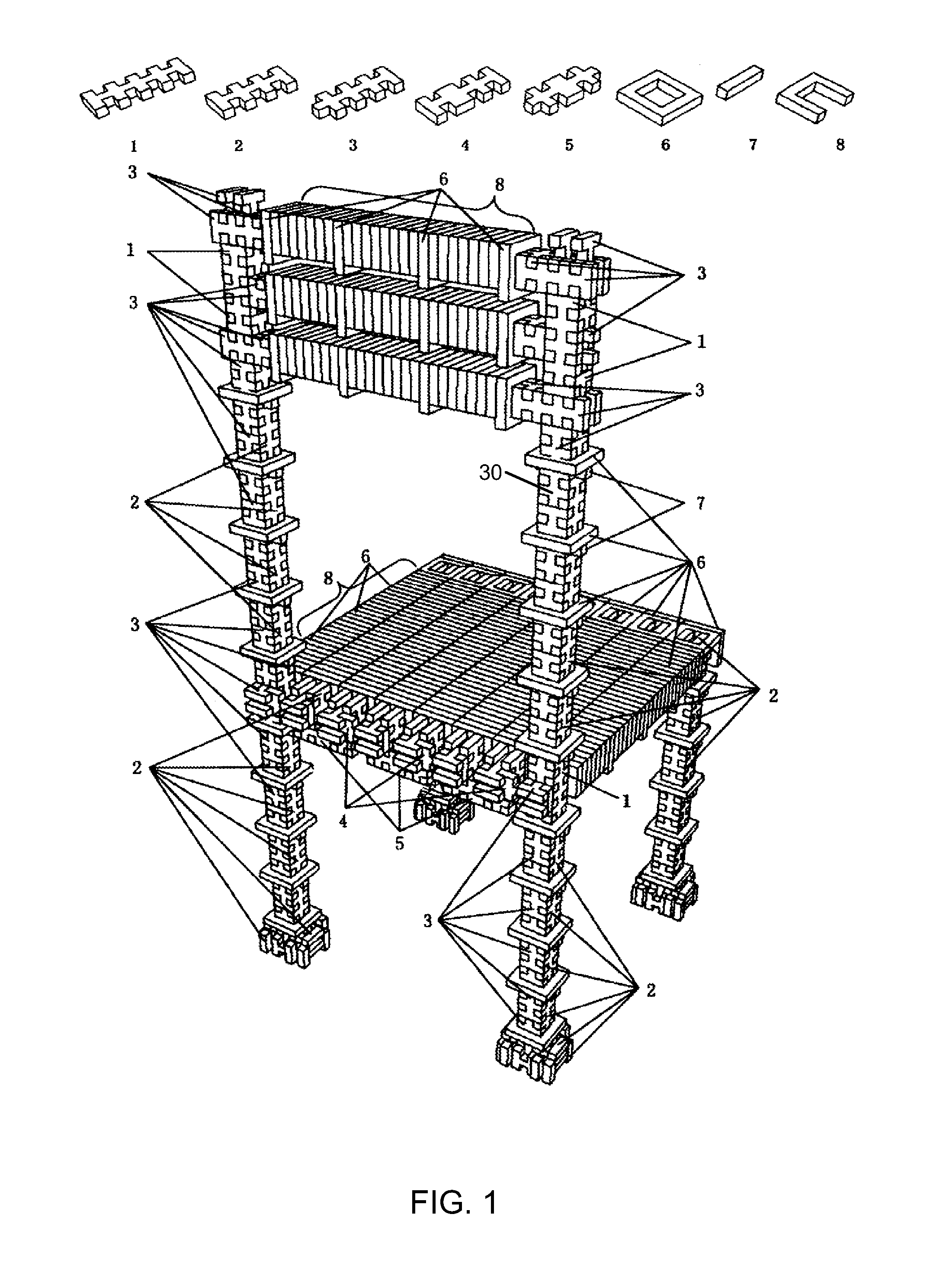 Modular construction system, element and assembly method thereof