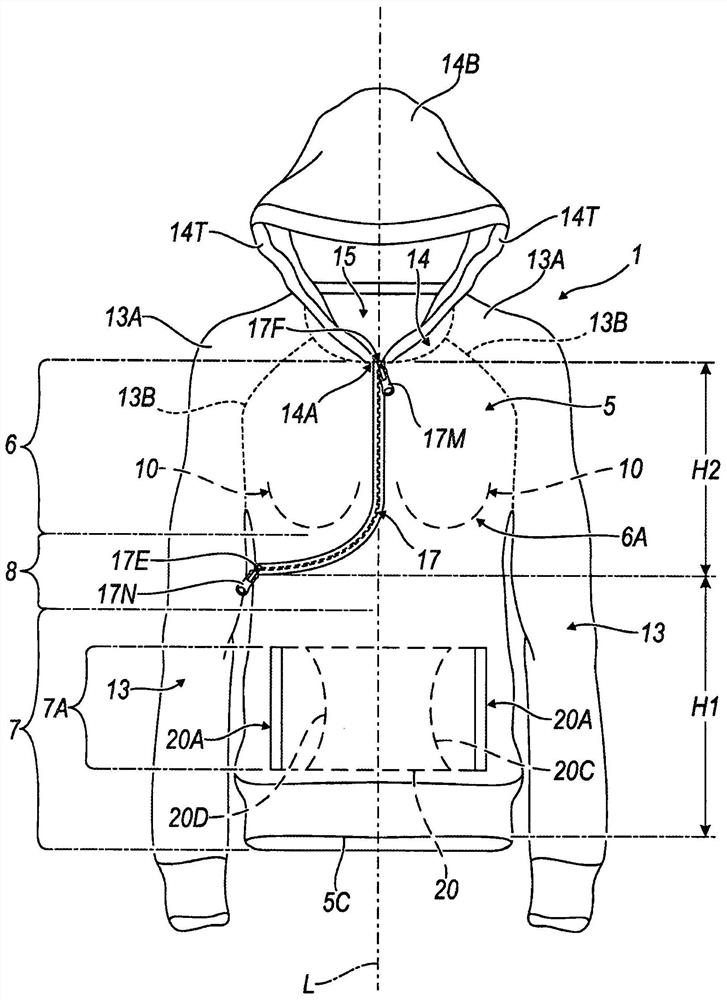 Article of clothing provided with a front curved closure