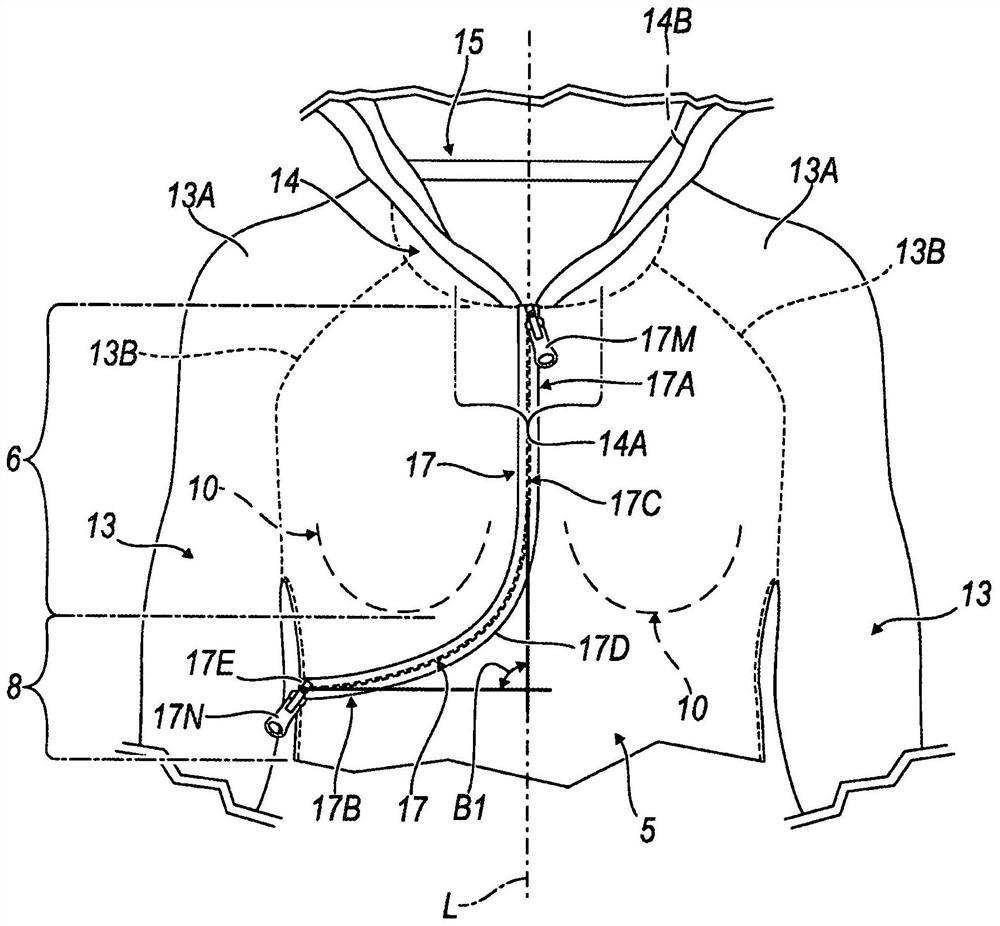 Article of clothing provided with a front curved closure