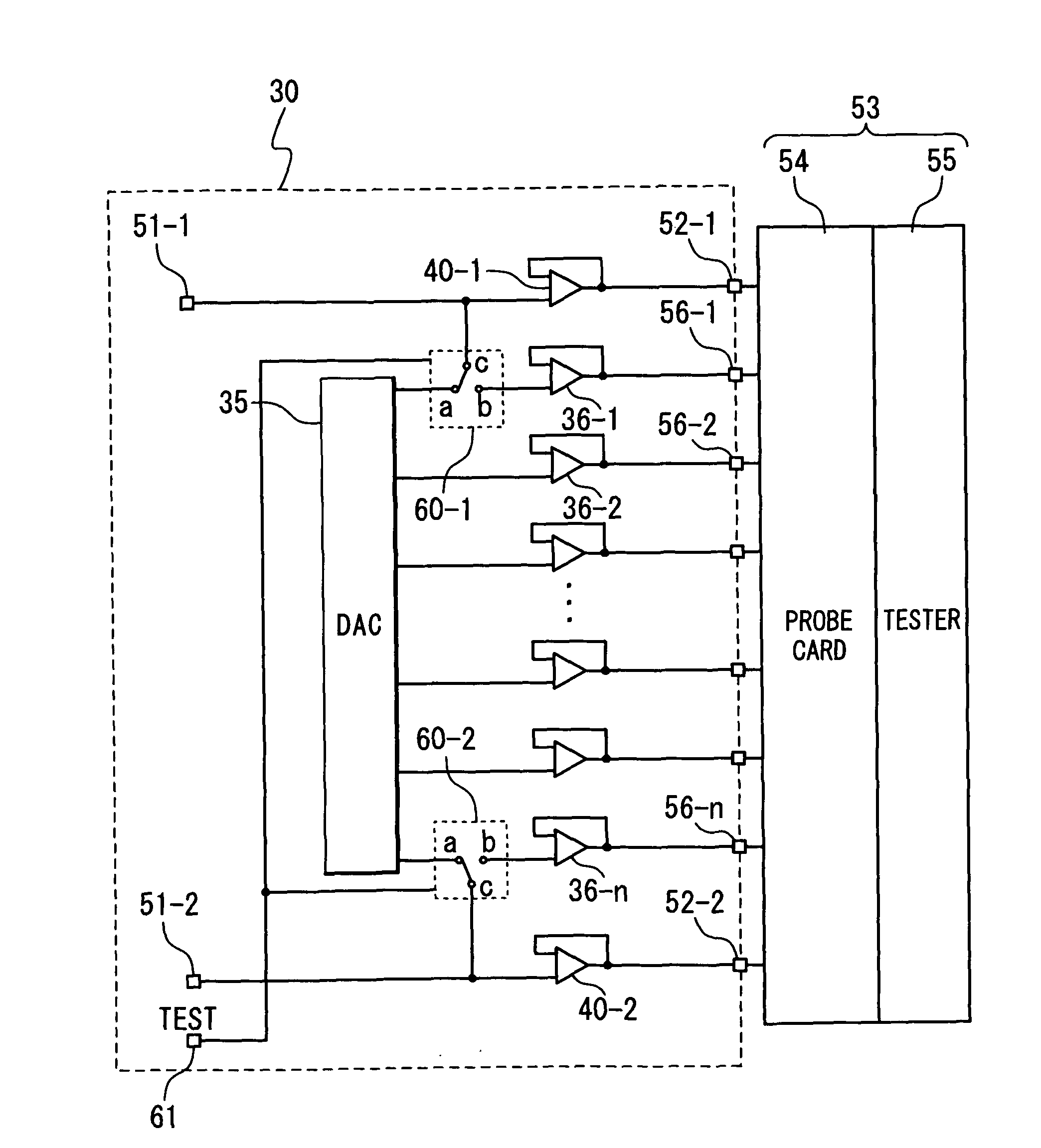 Data driver for display device, test method and probe card for data driver