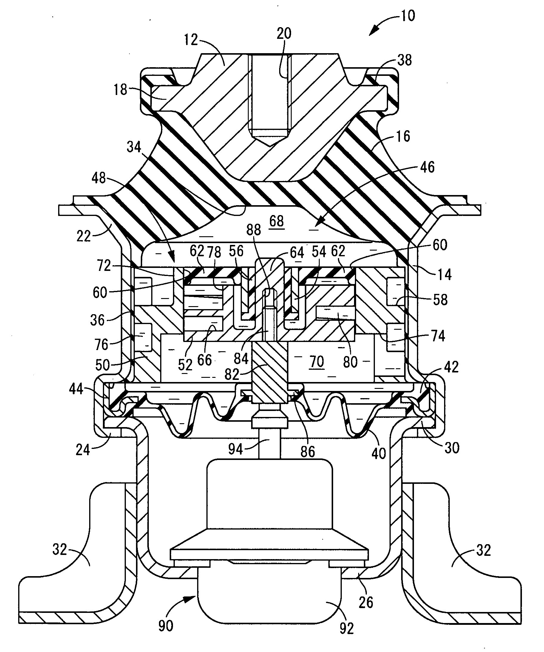 Fluid-filled vibration damping device and control method of the device used as engine mount