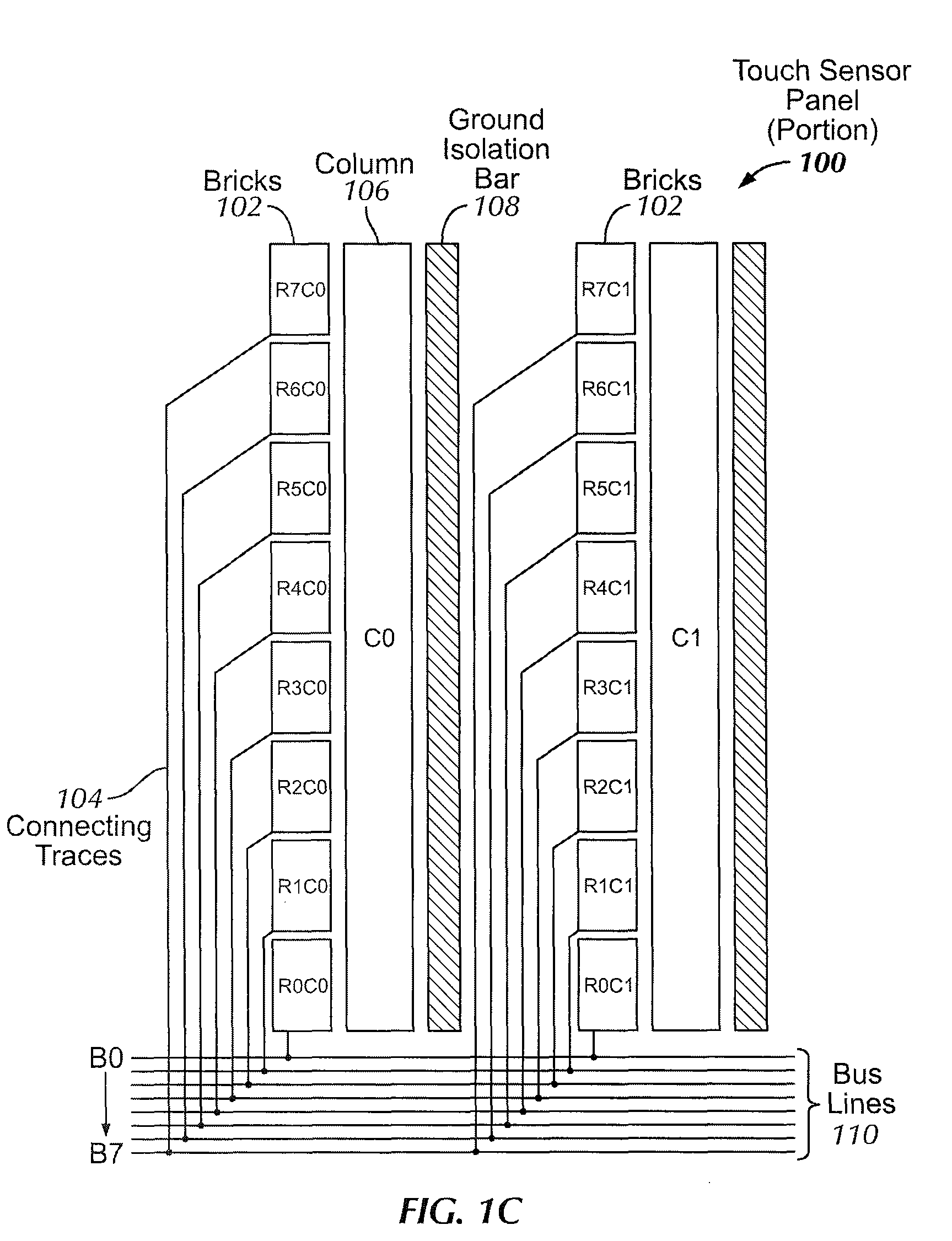 Brick layout and stackup for a touch screen