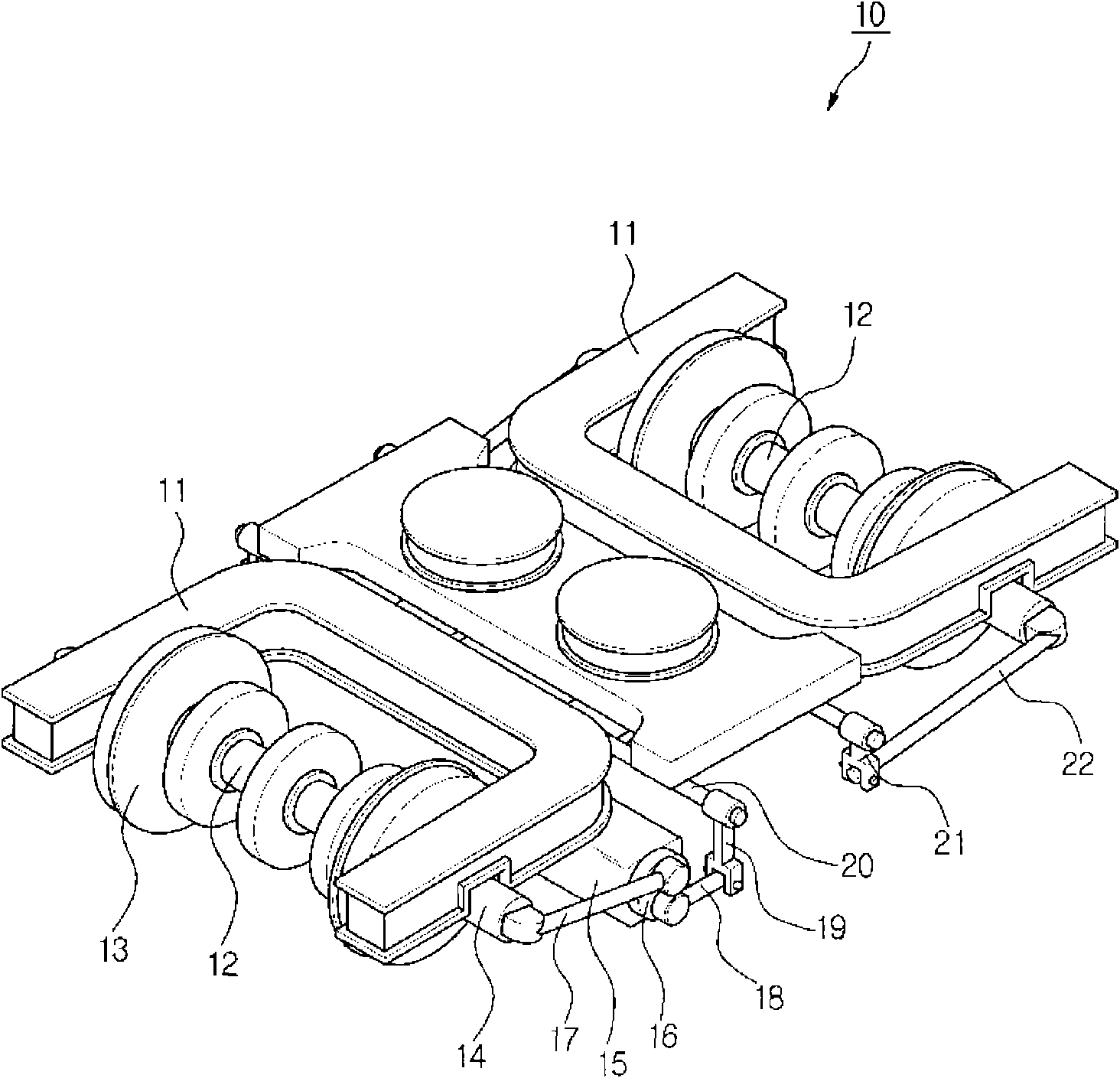 Active steering bogie for railway vehicles using leverage