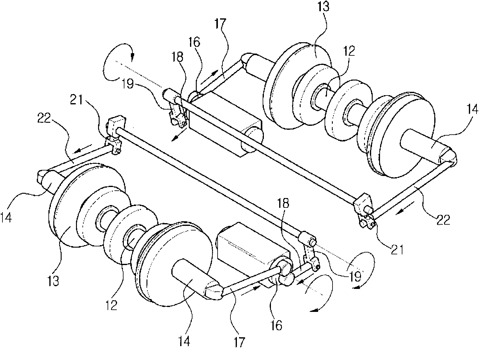 Active steering bogie for railway vehicles using leverage