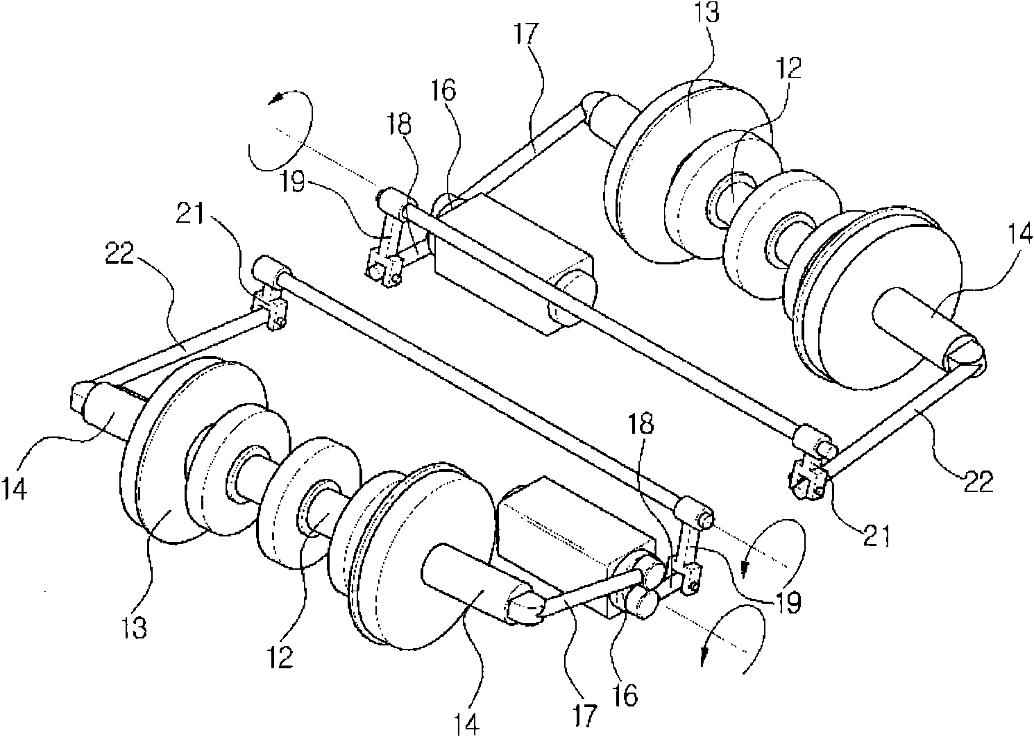 Active steering bogie for railway vehicles using leverage