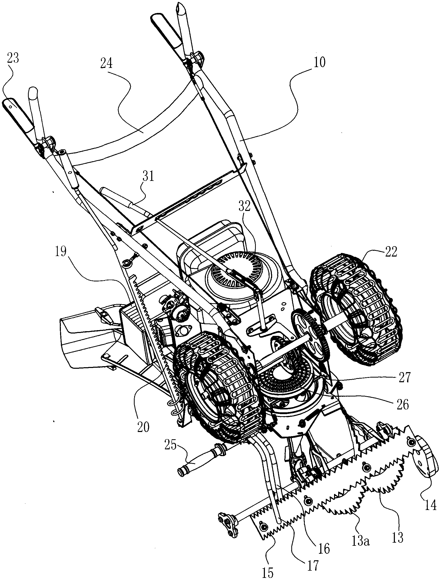 Single-gear multi-variable speed snow sweeper with safe manipulating and front assisting wheels and noise reducer body