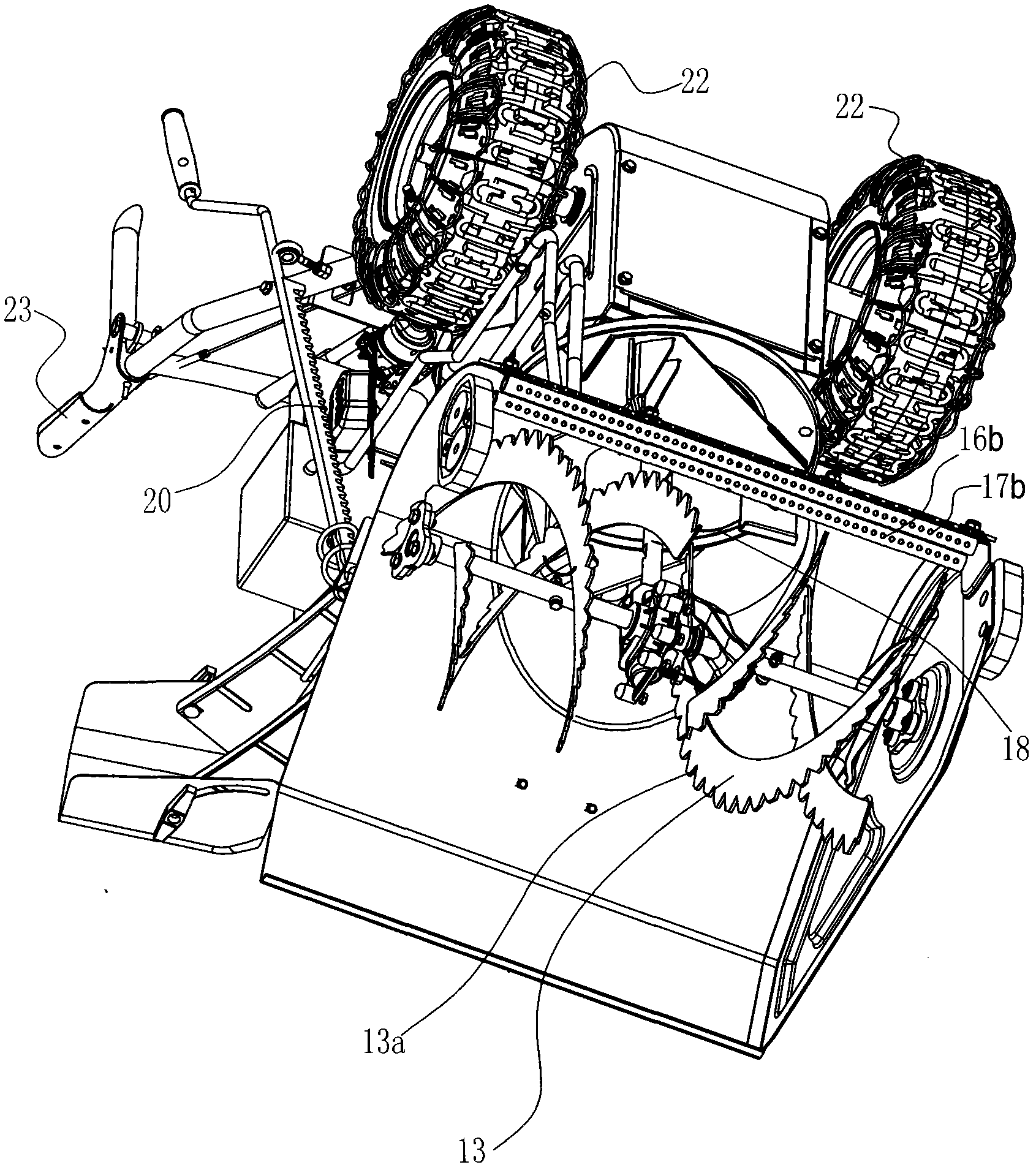 Single-gear multi-variable speed snow sweeper with safe manipulating and front assisting wheels and noise reducer body